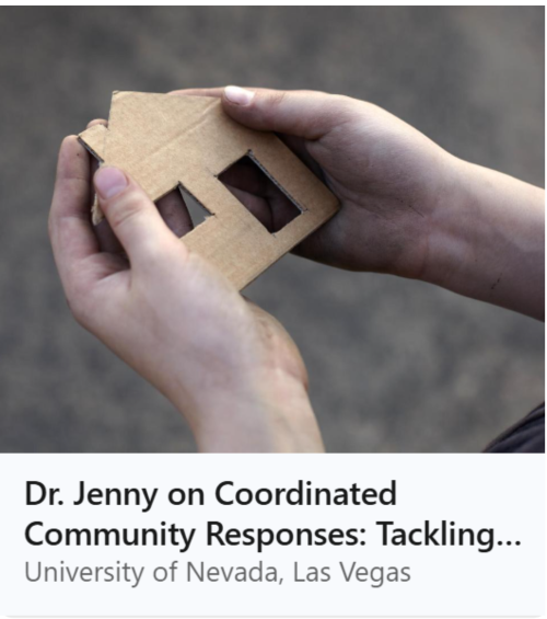 Thumbnail of two hands holding a cutout house that links to a UNLV story about Jenny's work with the Nevada Partnership for Homeless Youth