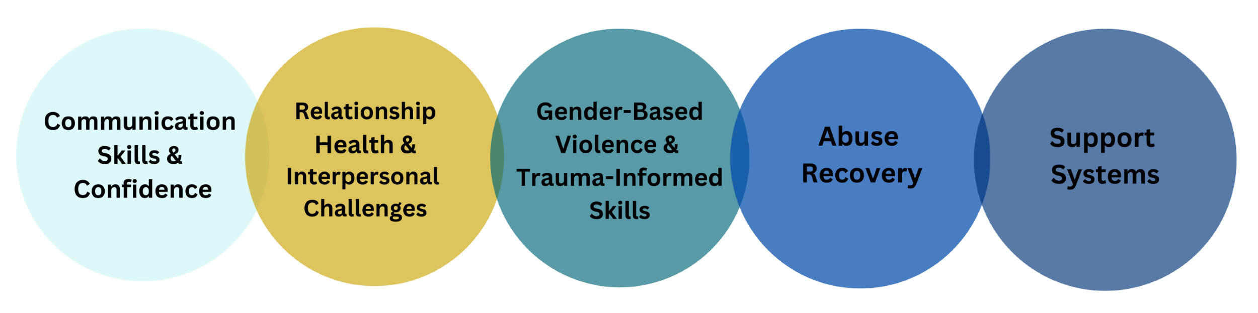 Graphic of five multi-colored, overlapping circles. Each circle contains text: Communication Skills & Confidence; Relationship Health & Interpersonal Challenges; Gender-Based Violence & Trauma-Informed Skills; Abuse Recovery; Support Systems