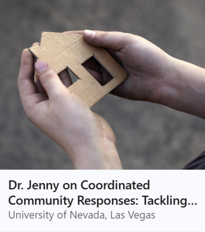 Thumbnail of two hands holding a cutout house that links to a UNLV story about Jenny's work with the Nevada Partnership for Homeless Youth