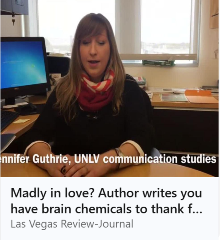 Thumbnail of Jenny at her desk completing an interview with the Las Vegas Review-Journal about romance and being in love. Links to article.