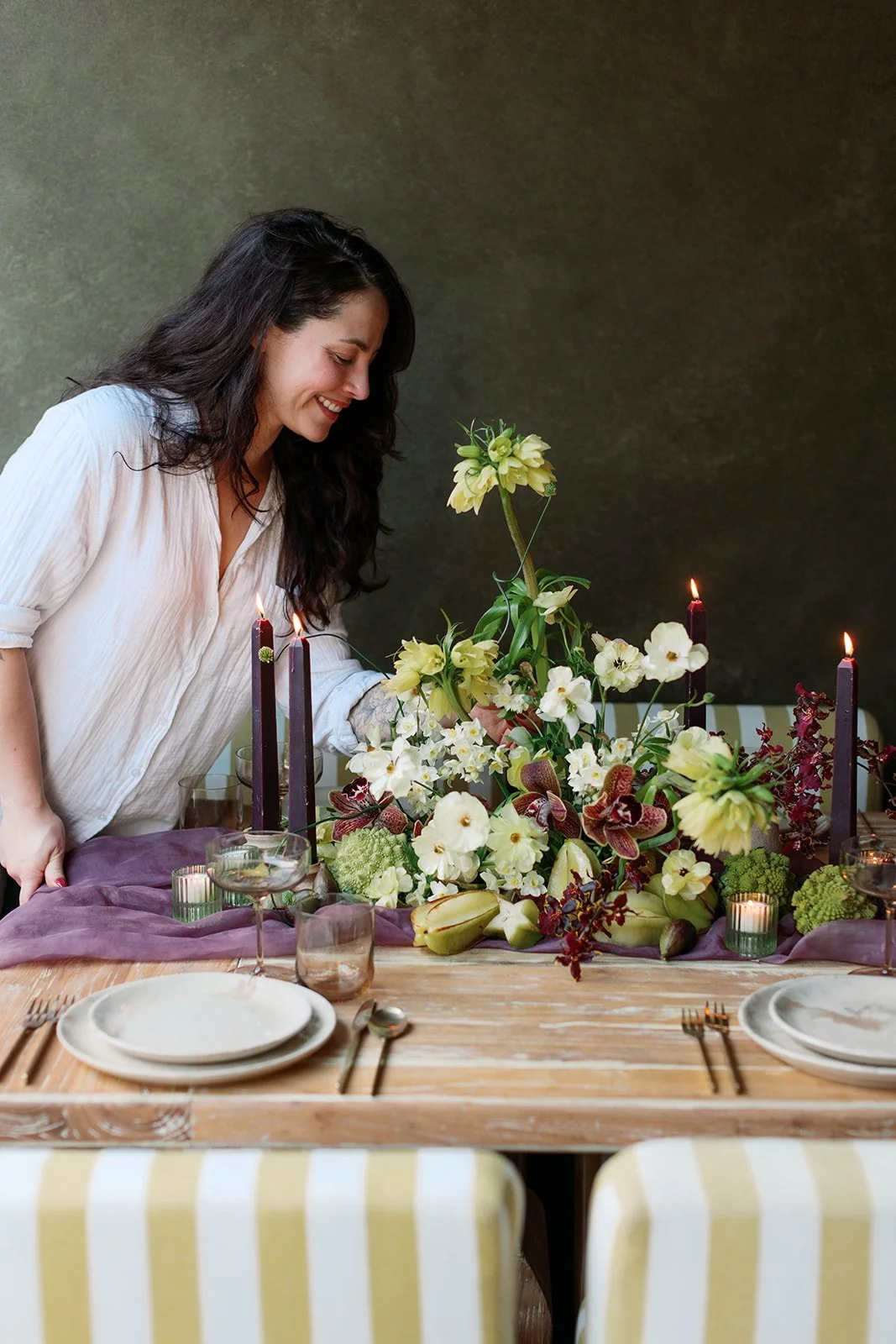 Lucy Blooms floral design modern tablescape with green and burgundy flowers