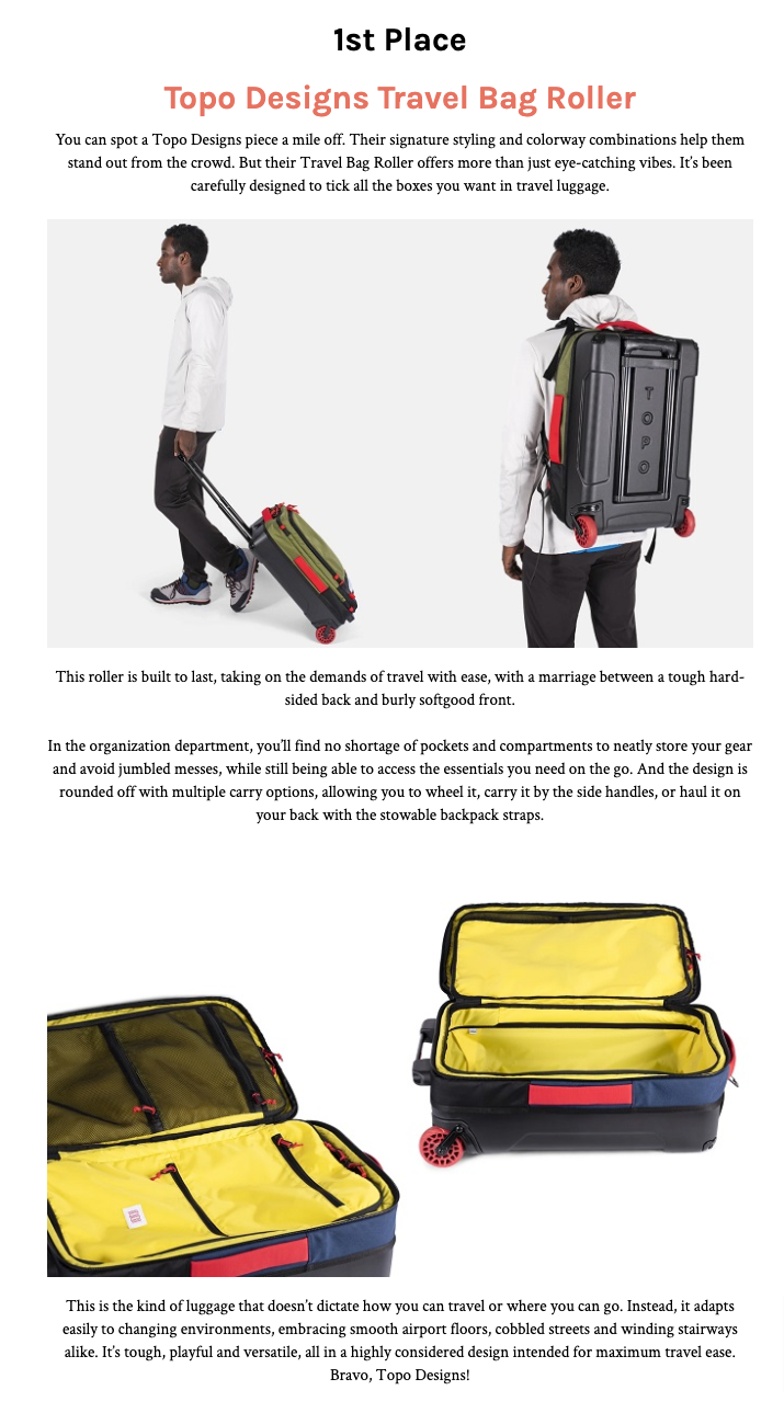 Topo Designs Travel Bag Roller</a> Wins 1st Place in Carryology Awards. —  Awesome Outdoors Group