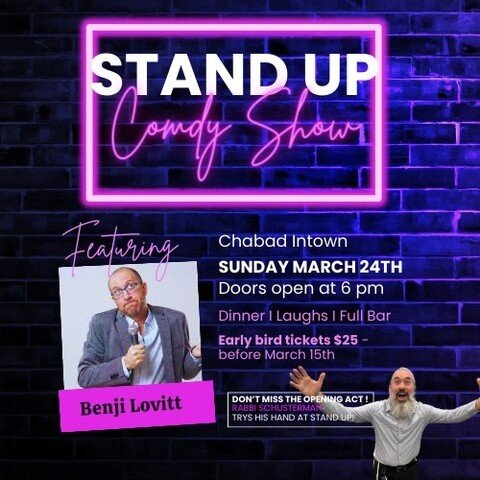 🎭🍽️🎉 Join us for an unforgettable evening of laughter, delicious food, and Purim festivities! 🎭🍽️🎉
ㅤ
Get ready for a Stand-Up Comedy Show with Benji Lovitt &amp; a Purim Dinner Party! 🎙️🍗 And guess what? We have a special treat for you! Rabbi