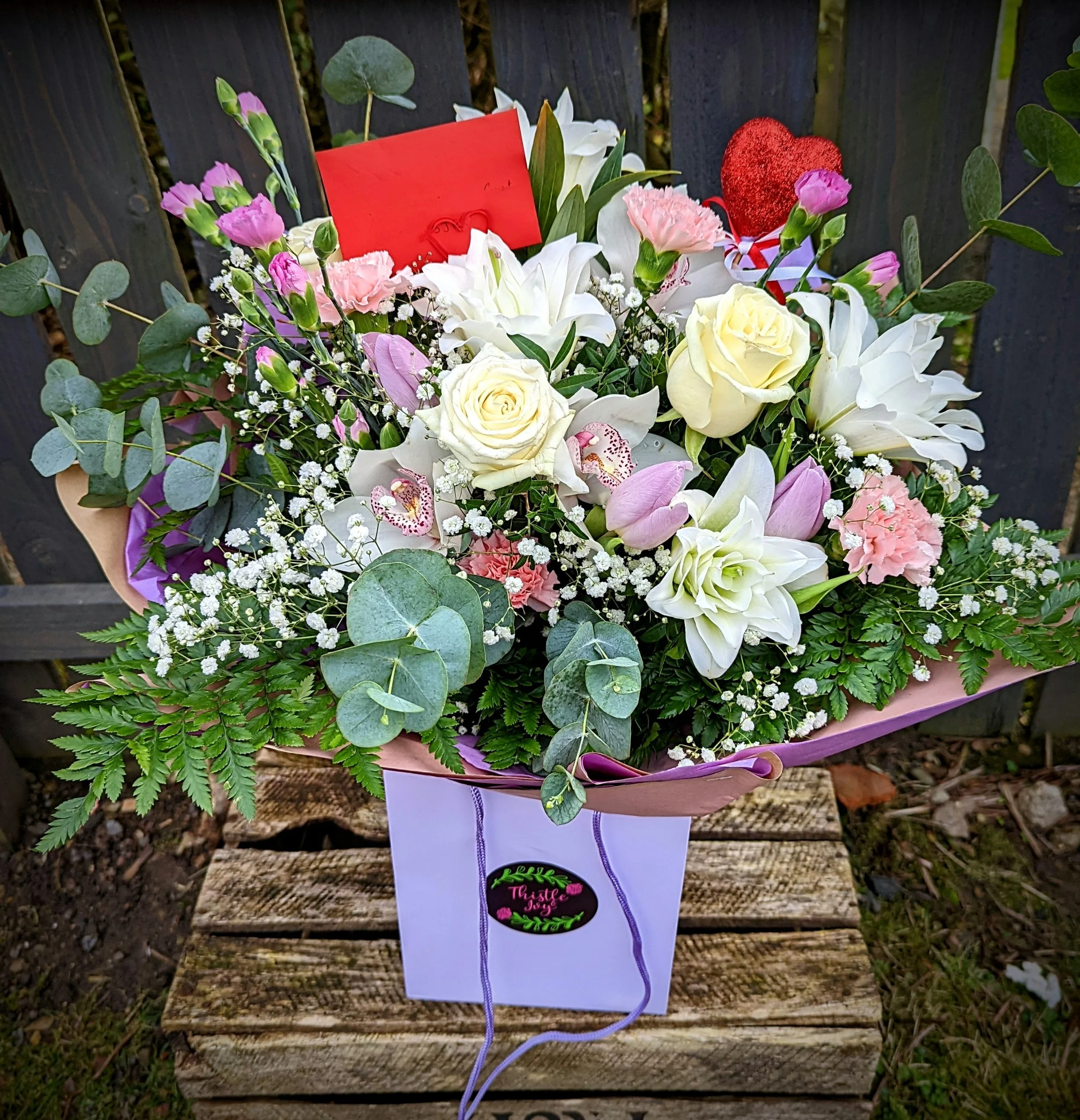 white and lilac lily bouquet valentines