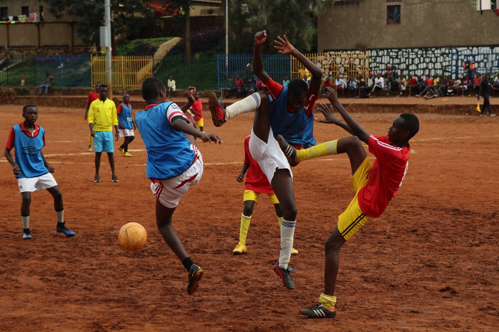 A group of young soccer players in Rwanda