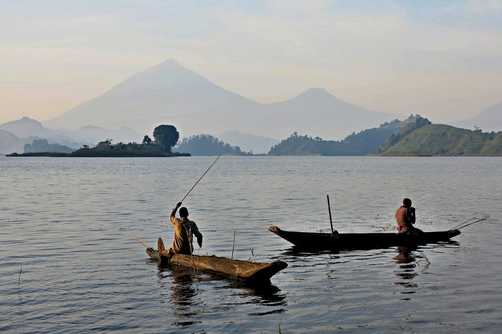 People on dugout canoes on Lake Kivu, Rwanda