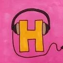 A yellow letter H with orange border wearing large black headphones on a pink background.