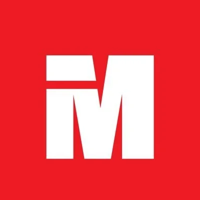 White letter M on a red background