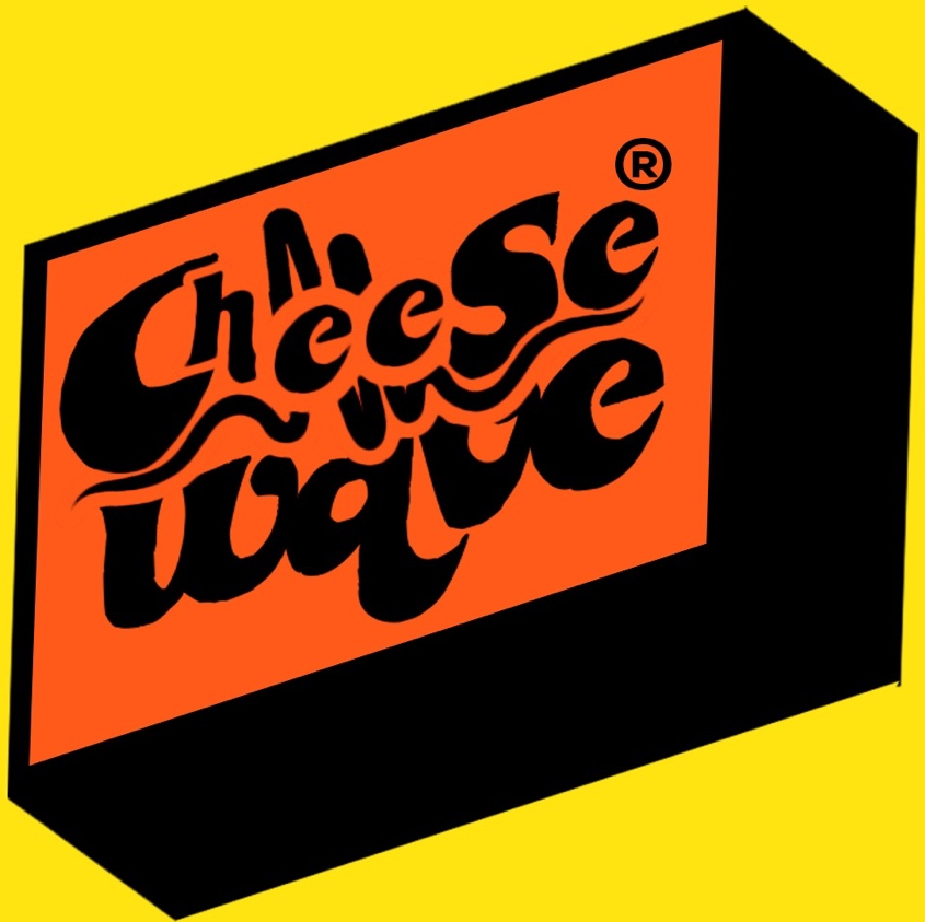 Colorful cartoon image of a block of cheddar cheese with the words "Cheese wedge" written in a playful black font on the cheese.