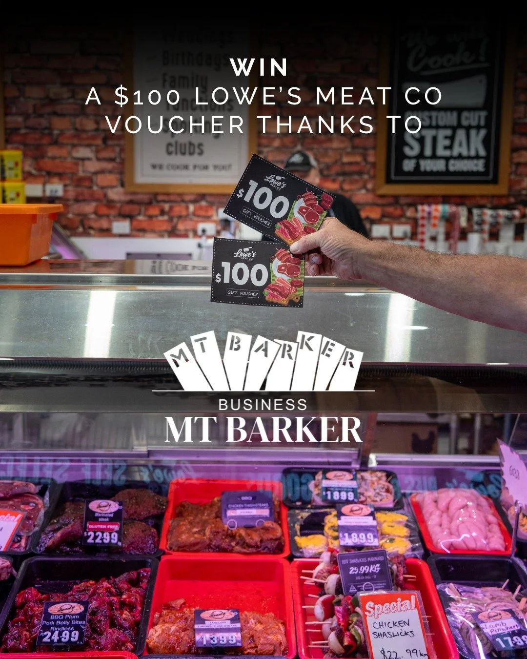 🥩 WIN with Business Mount Barker + @lowesmeatco 🥩

Fire up those BBQ' because we're giving away 2 x $100 VOUCHERS from the awesome team at @lowesmeatco. ✨

Want to win? It&rsquo;s easy:
👉 Follow us and @lowesmeatco, tag your BBQ buddy, and tell us