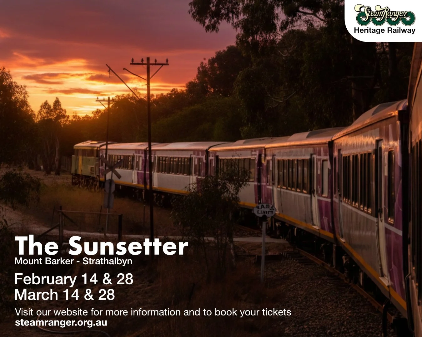 Have you heard the very exciting news? There's an all-new service that @steamrangerrlwy are bringing to Mount Barker. 👏🚂

All aboard the Sunsetter! This summer service will depart Mount Barker in the late afternoon while you settle back in air-cond