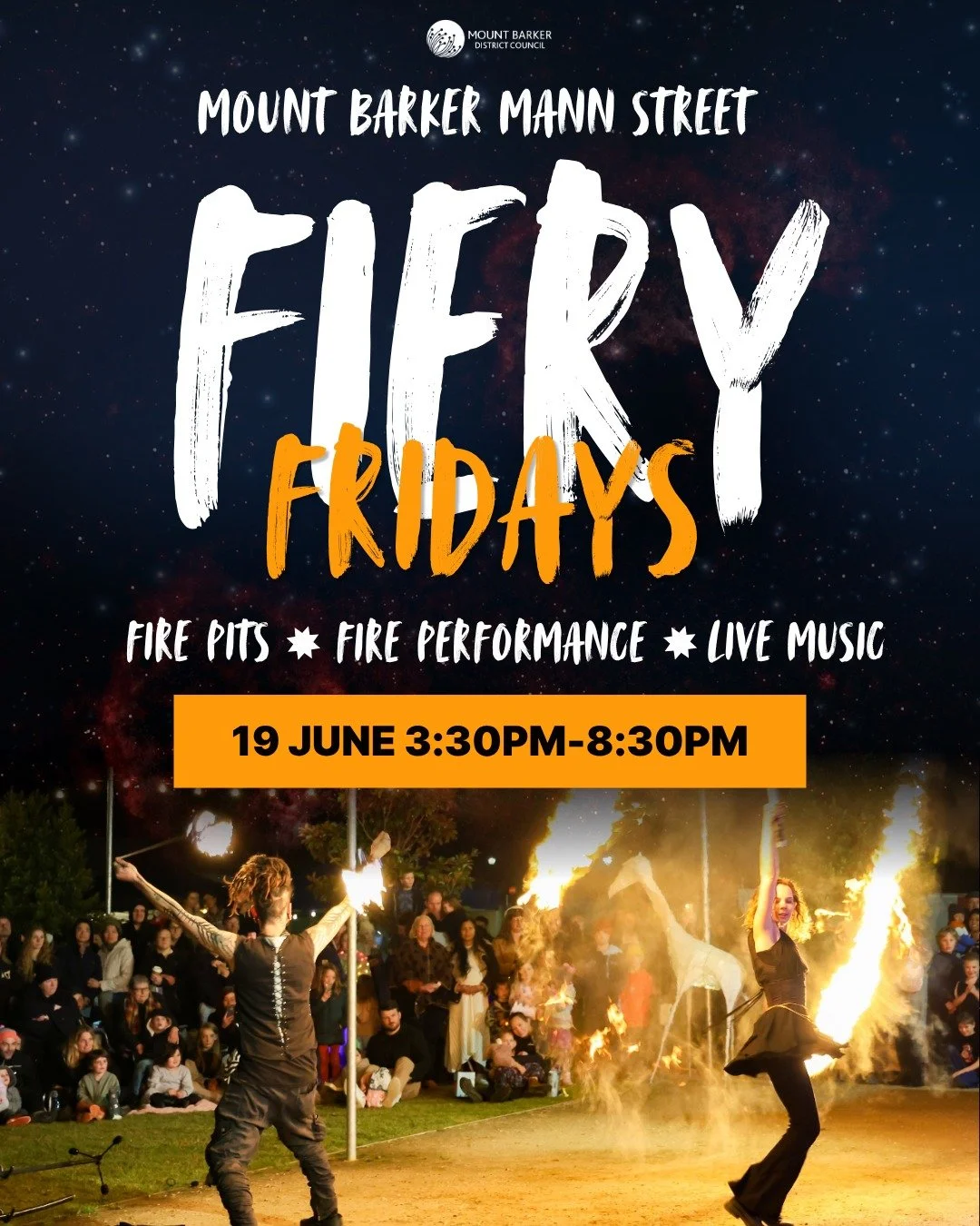 🔥 One of Mount Barker's favourite winter events is back!

Gather your family and friends and head into the heart of town for Fiery Fridays &ndash; an evening of fire, food, music and community fun in Mann Street, thanks to @mtbarkerdc.

Expect spect