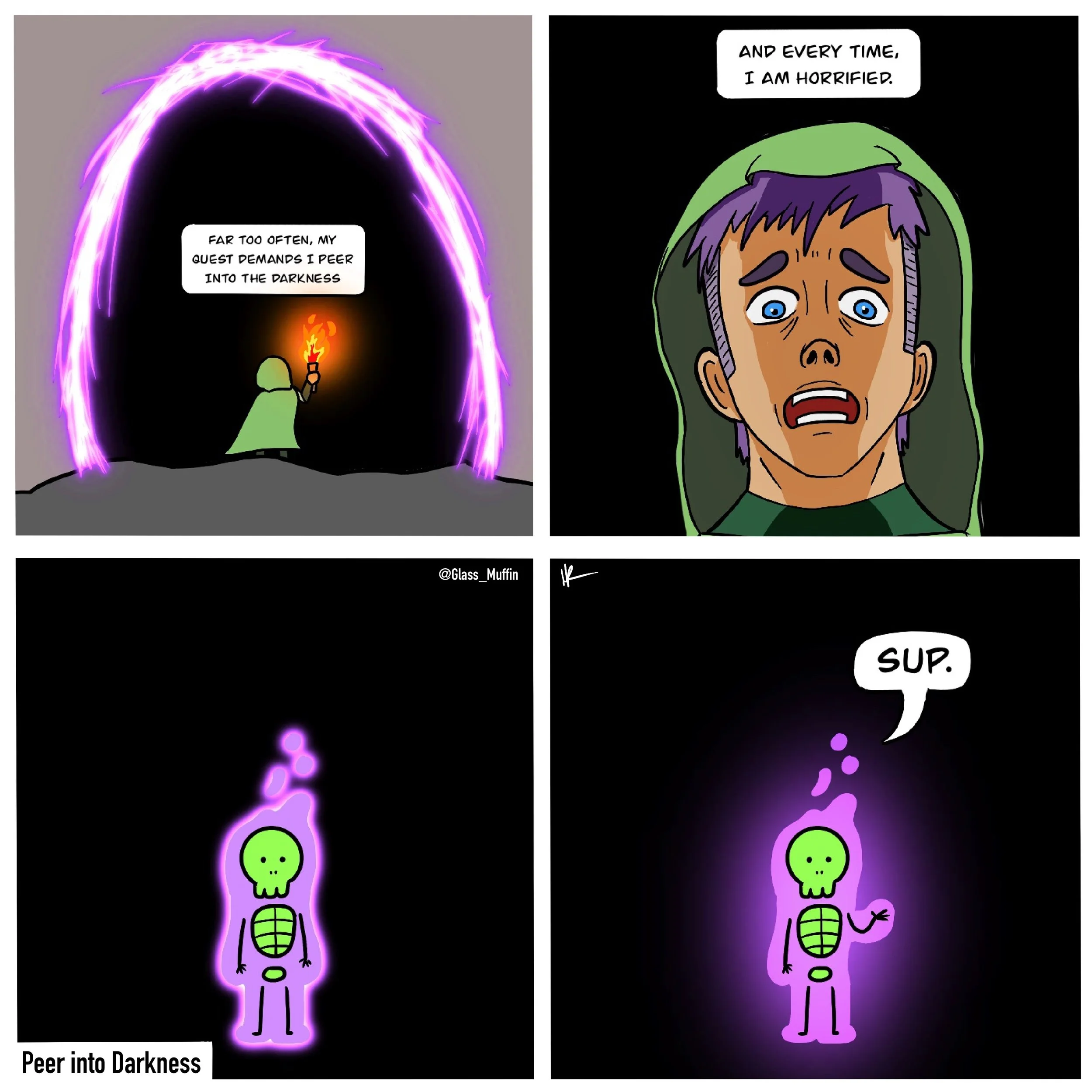 A digital comic illustration with two panels showing a purple skeleton character jumping into darkness with a glowing green skull and purple aura. In the first panel, the character heads into a purple-lit cave with the caption 'Far too often, my quest demands I peer into the darkness.' In the second panel, the skeleton appears surprised or frightened, saying, 'And every time, I am horrified,' with the caption 'Peer into Darkness.'