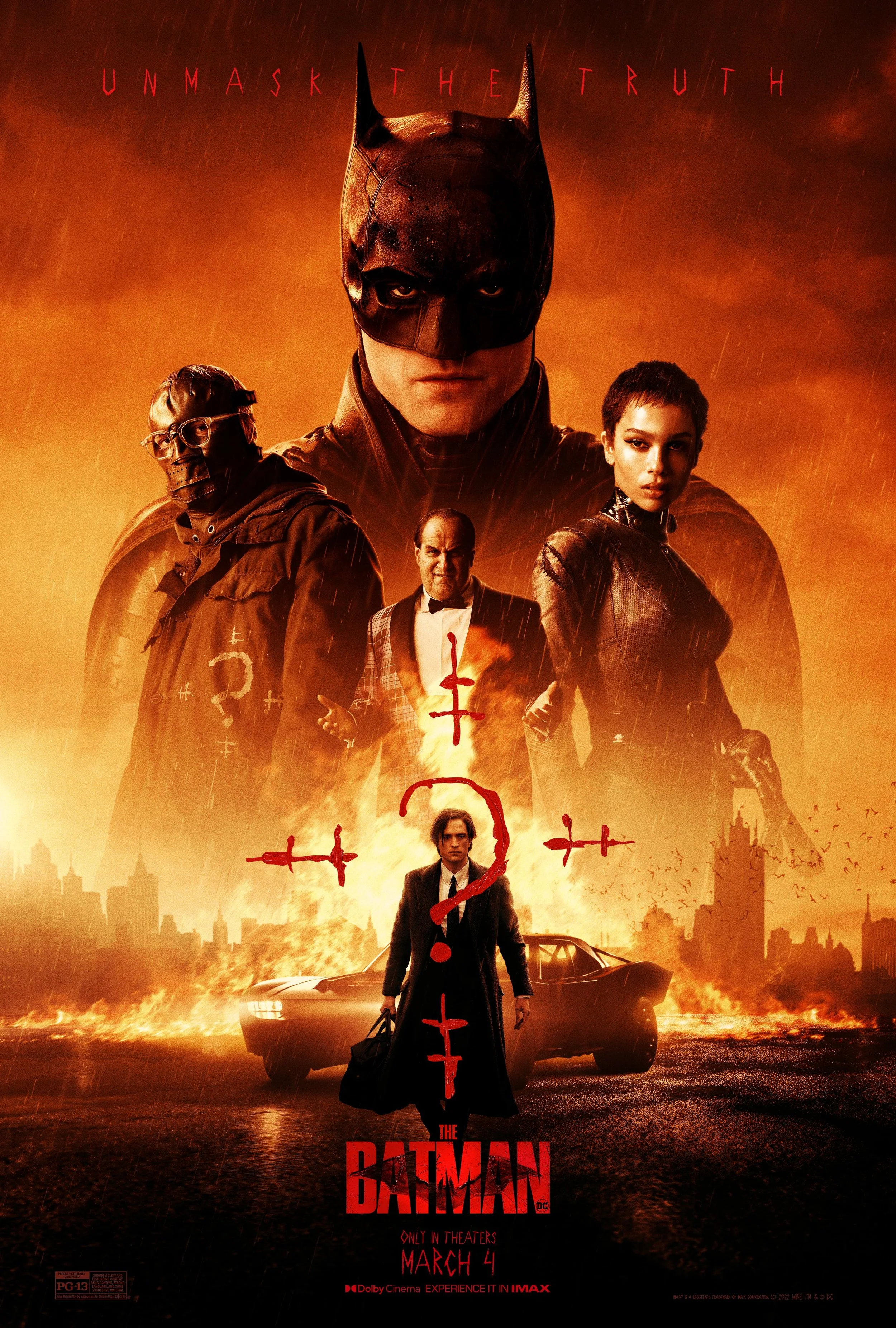 Poster for the movie 'The Batman' featuring a dark background with a burning cityscape, a man in a tuxedo with a red ribbon and a bag, a car, and several characters, including Batman wearing a mask, with the title and release date.