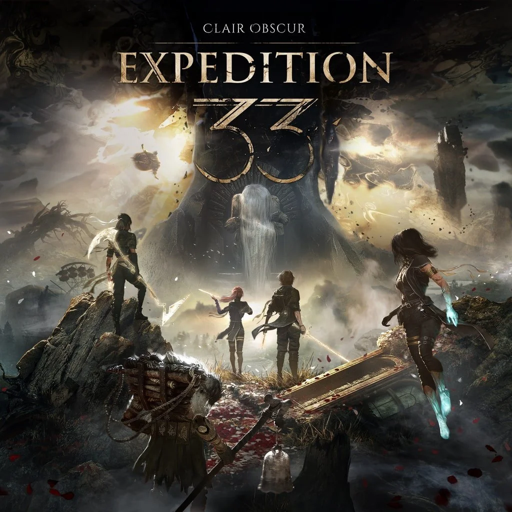 Dark fantasy artwork for the game 'Expedition 3:33' with four characters facing a colossal stone face with glowing eyes. The scene includes ruins, floating islands, and mystical elements, creating an epic and mysterious atmosphere.