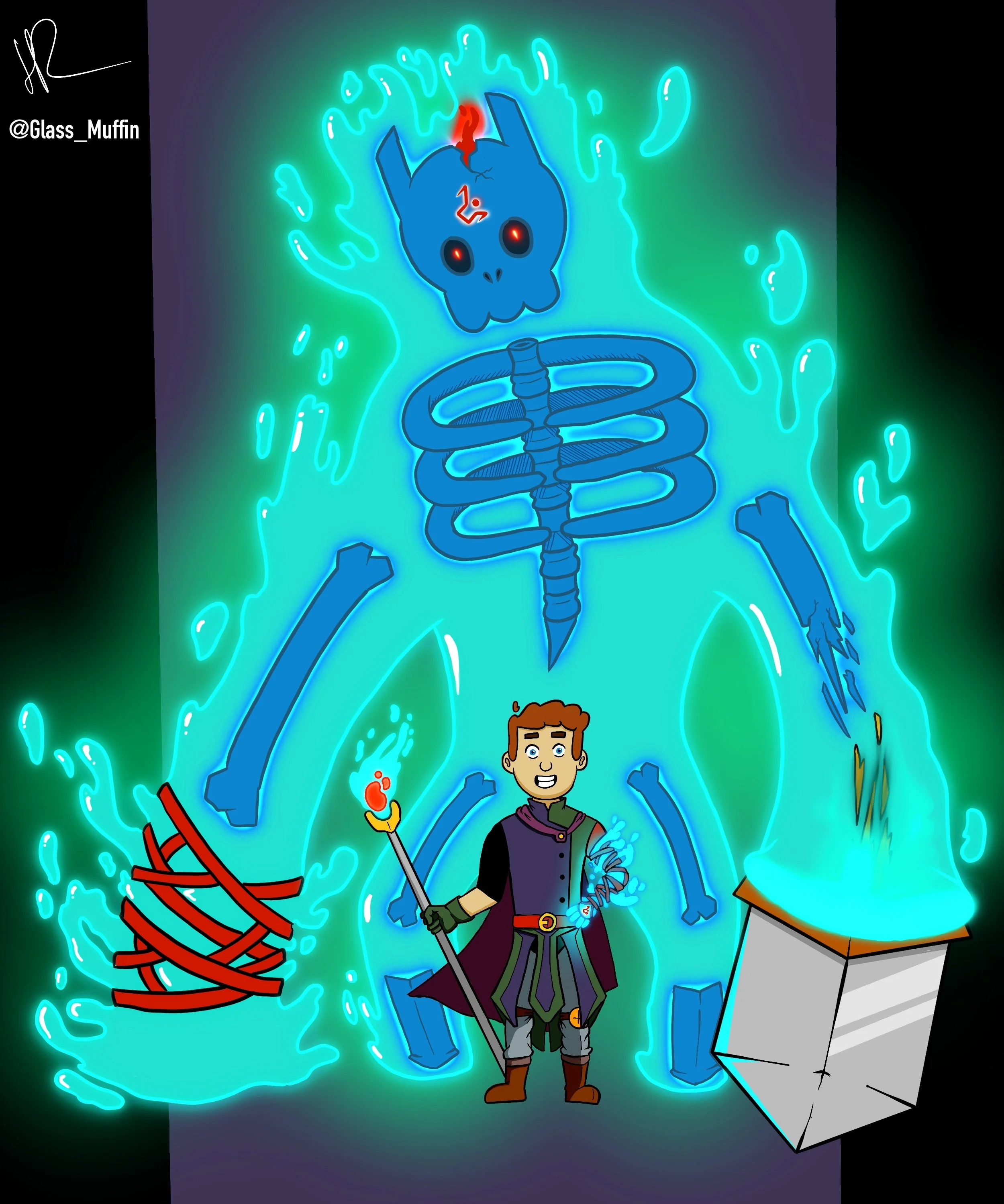 A digital artwork of a blue skeletal creature with glowing red eyes, holding a spear with a red tip, surrounded by glowing green outlines and lines, with a cartoon boy with brown hair and a purple and black outfit standing in front of it. The creature has an exposed brain with a red light emitting from the top of its skull, and a red mark on its forehead. There is a partial view of a white arm and brown boot of another character on the right side of the image.