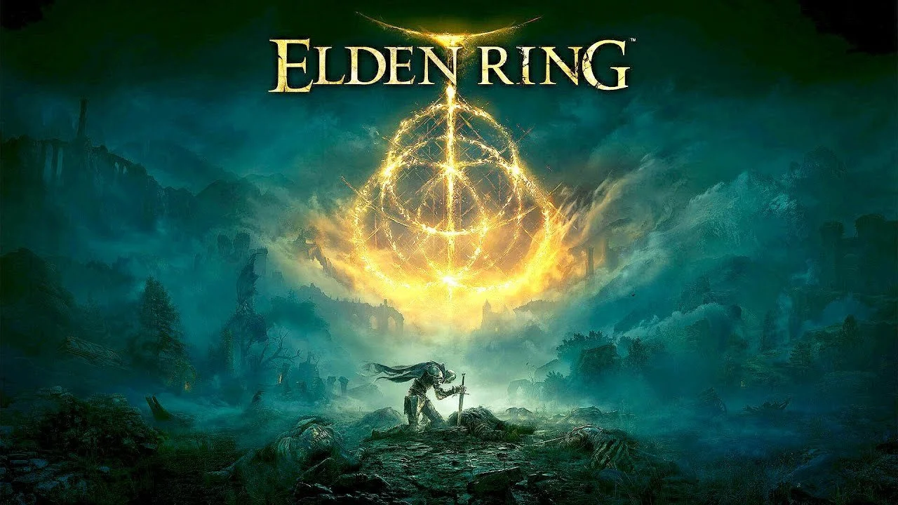 Video game cover art for Elden Ring with a glowing symbol in the sky and a character kneeling on a ruined landscape.