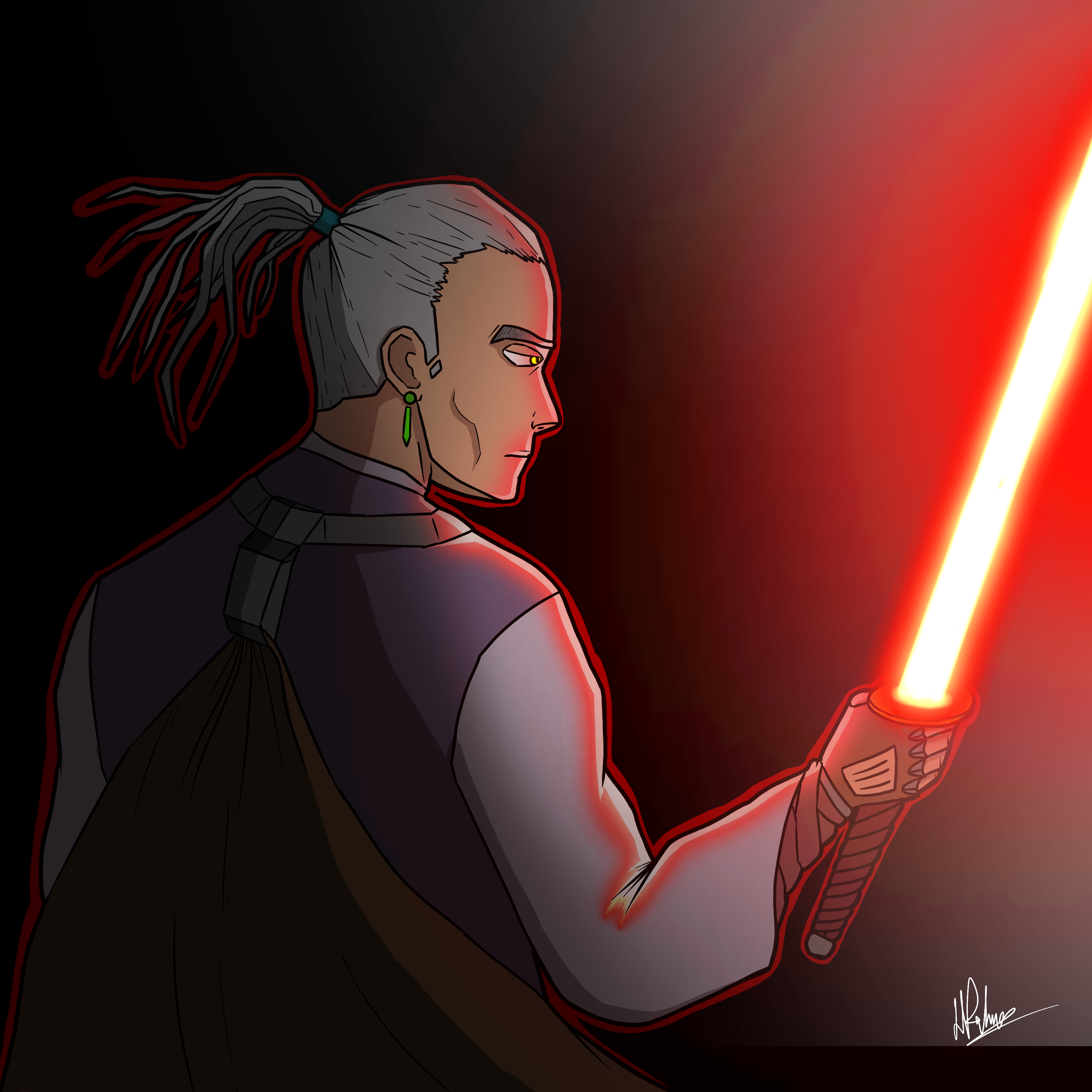 A digital illustration of a woman with gray braided hair tied with a blue band, wearing green earrings, and holding a lightsaber emitting a red glow, with a dark background and red gradient light.