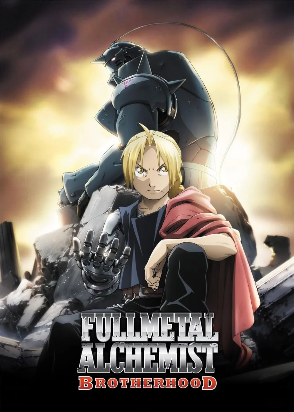 Anime-style illustration of two characters from Fullmetal Alchemist: Brotherhood. One with blond hair, wearing a red cloak, and making a fist, sitting in front. The other in black armor, on the ground behind, with a serious expression. Background with a glowing, smoky sky and ruined landscape.
