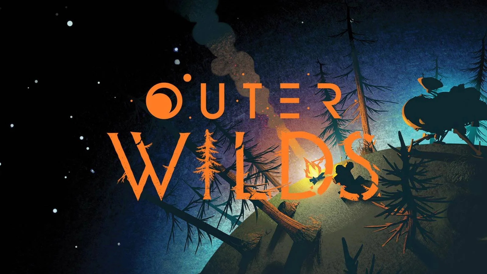 Illustration featuring a night scene with a campfire and trees on a hill, with the text 'Outer Wilds' overlaid in orange letters.