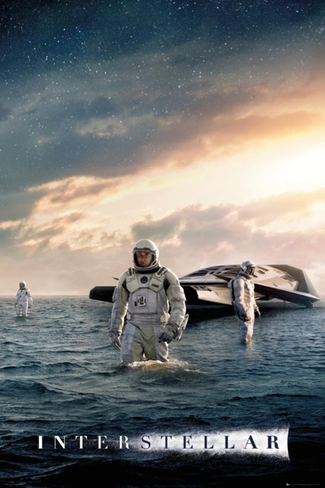 Three astronauts in spacesuits wading through ocean water near a futuristic spacecraft, with a sunset and starry sky in the background, and the word 'INTERSTELLAR' at the bottom.