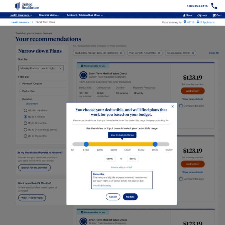 Screenshot of United Healthcare webpage showing health insurance plan recommendations, with options to select deductible amounts and compare plans.