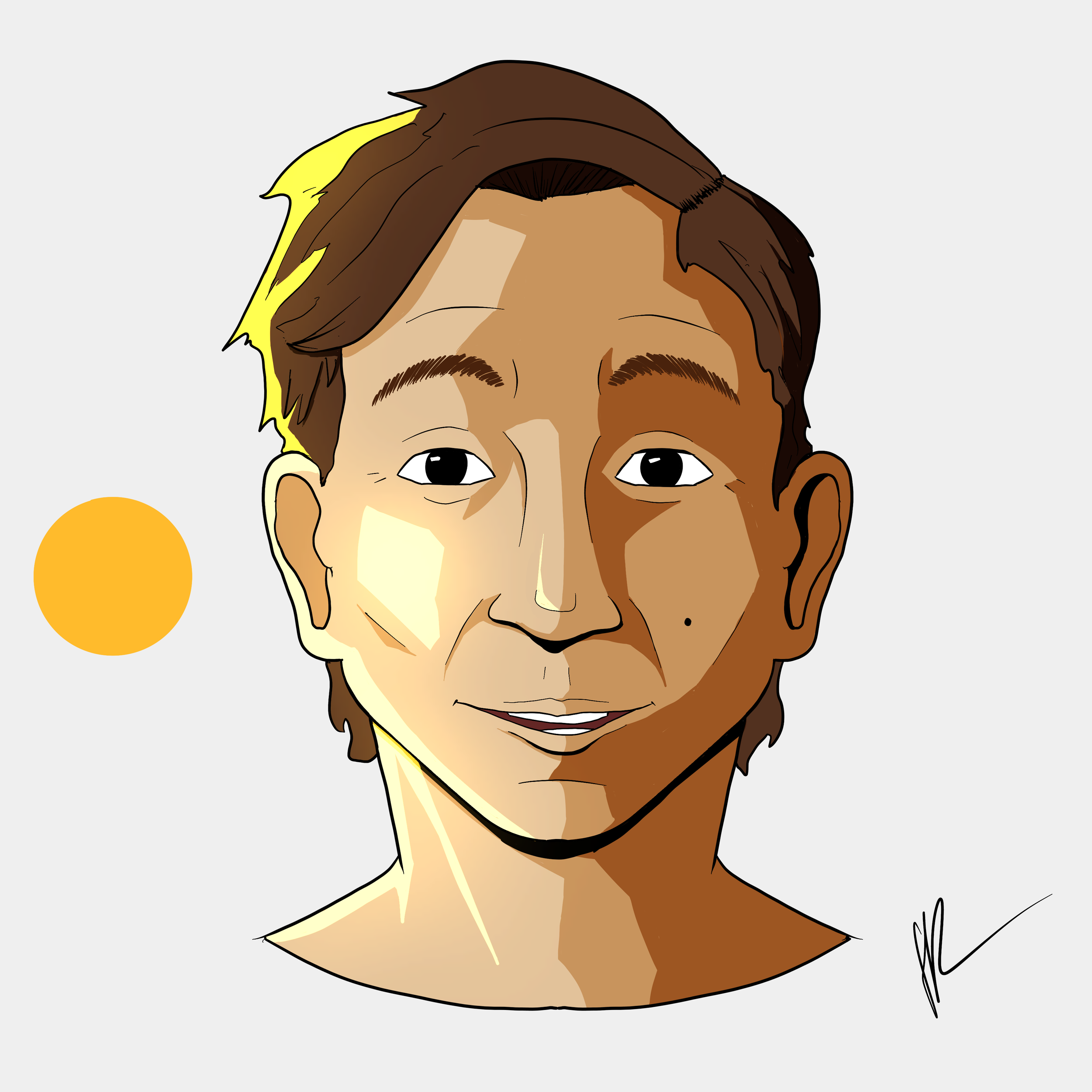 Digital illustration of a young person's face with short dark hair, brown skin, and a friendly expression, on a light gray background with a yellow circle on the left side.