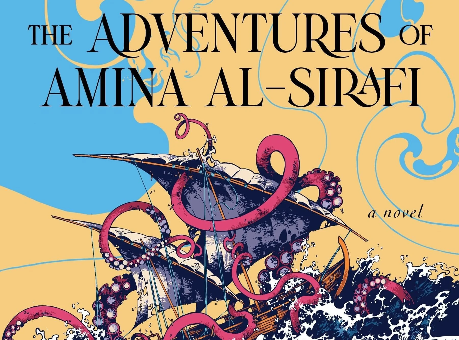 Book cover for 'The Adventures of Amina Al-Sirai', featuring a stylized illustration of an octopus and a ship, with bold black title text and colorful background.