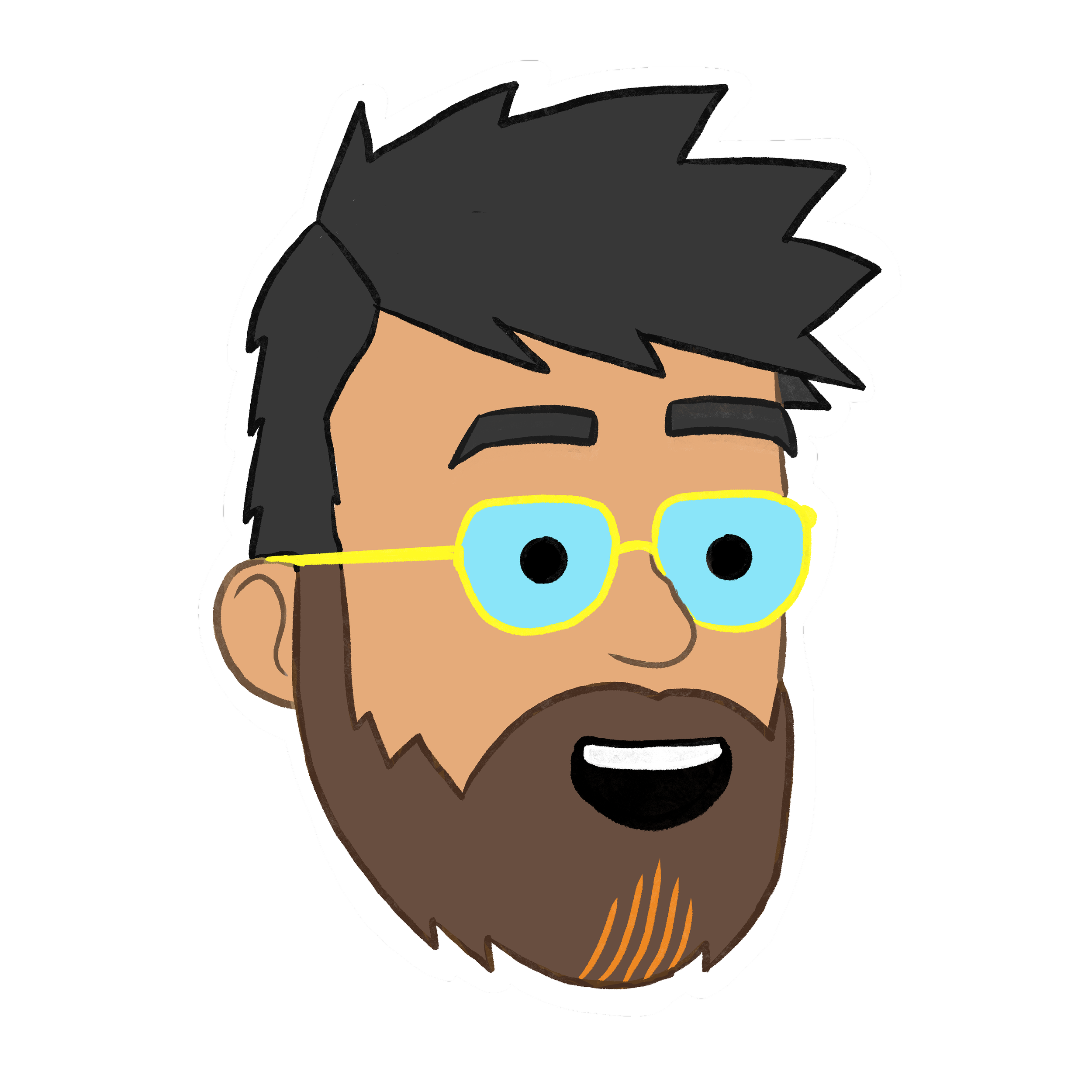 Cartoon illustration of a person with dark hair, glasses, tan skin, and a beard, wearing a brown shirt.