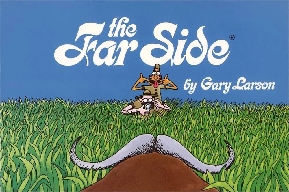 An illustrated cover of the book titled 'The Far Side' by Gary Larson, showing two cartoon characters in a field of tall grass, with one holding a camera and the other standing behind, with a large gray animal's tail and back in the foreground.