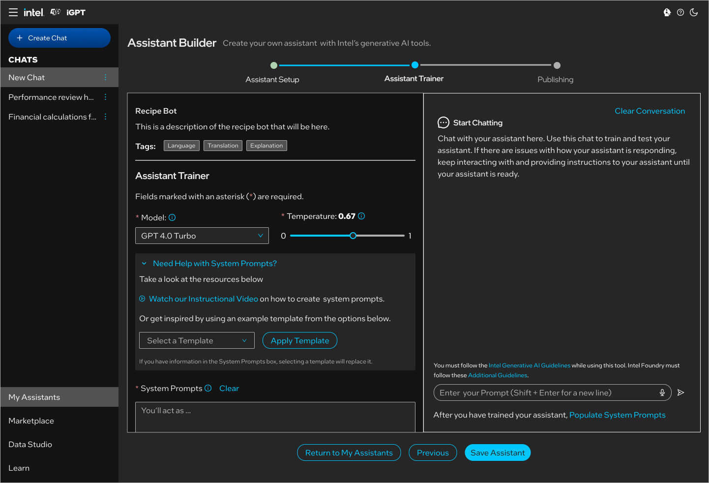 Screenshot of the Intel Assistant Builder interface with options for creating a chatbot, showing configuration settings for an assistant named 'Recipe Bot'. The interface includes model and temperature settings, a system prompt box, and buttons for applying templates and saving the assistant.