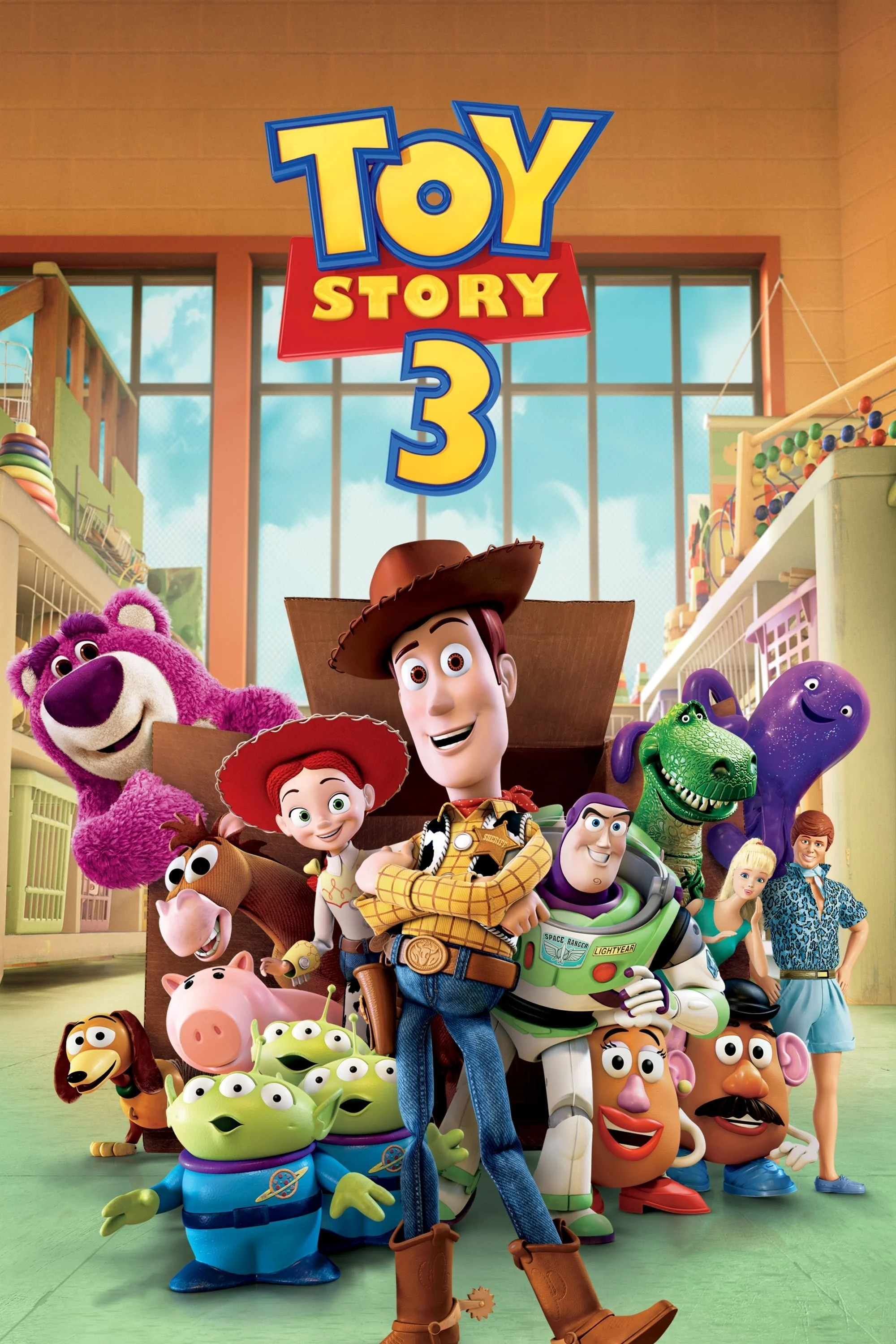 Multiple characters from Toy Story 3, including Woody, Buzz Lightyear, and Jessie, standing together in a toy store with shelves of toys around. The Toy Story 3 logo is at the top center of the image.