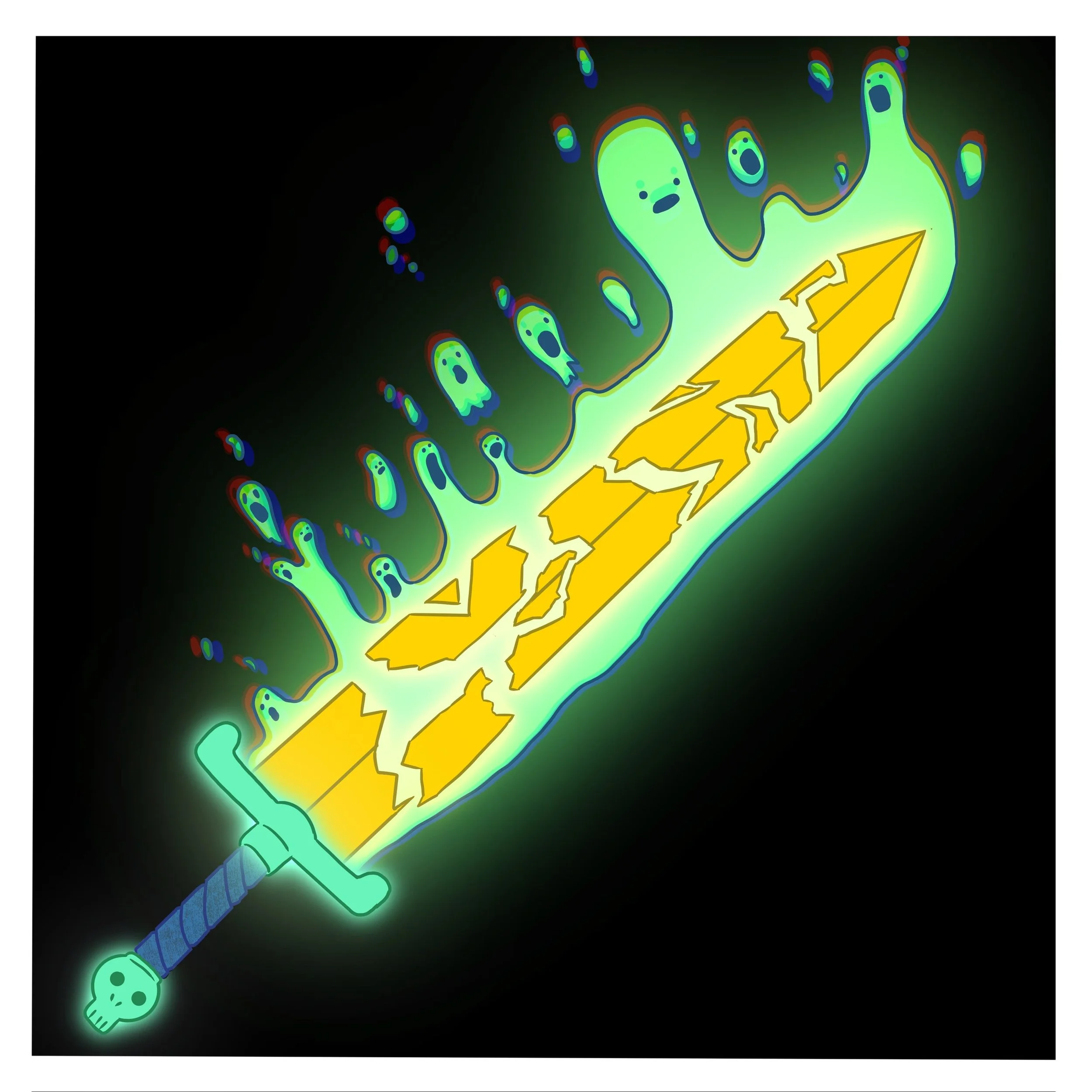 Neon illustration of a skateboard deck with lightning bolts, a skull at the tip, and dripping elements, glowing green and yellow against a dark background.
