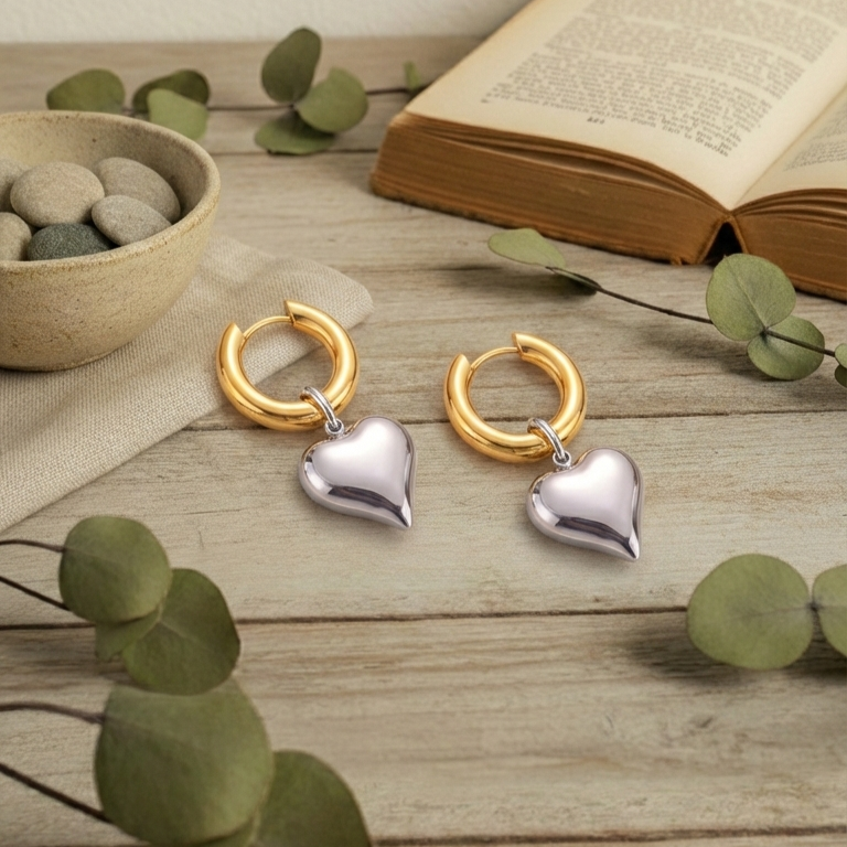 Two-Tone Romance Heart Hoop Earrings