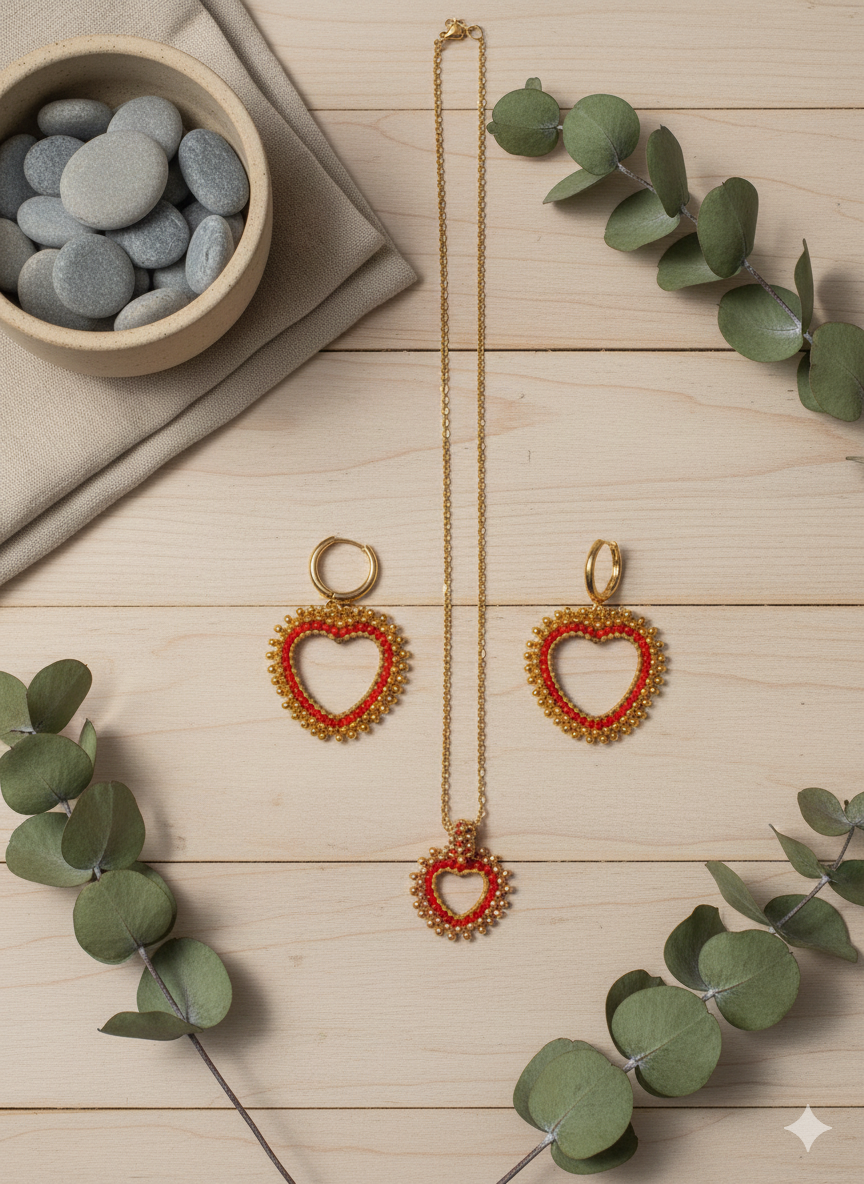Read Heart earrings and necklace set