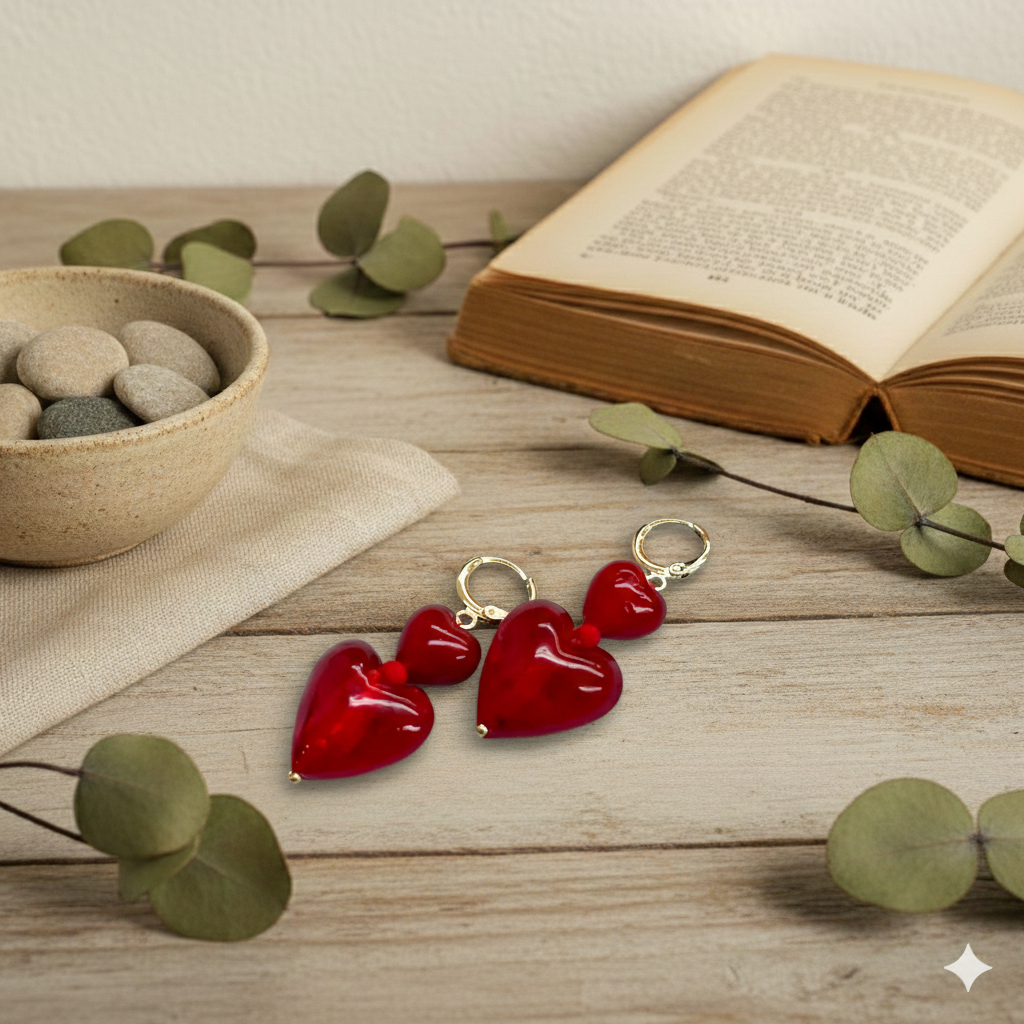 Red Lampwork Glass Heart Love Valentine Earrings