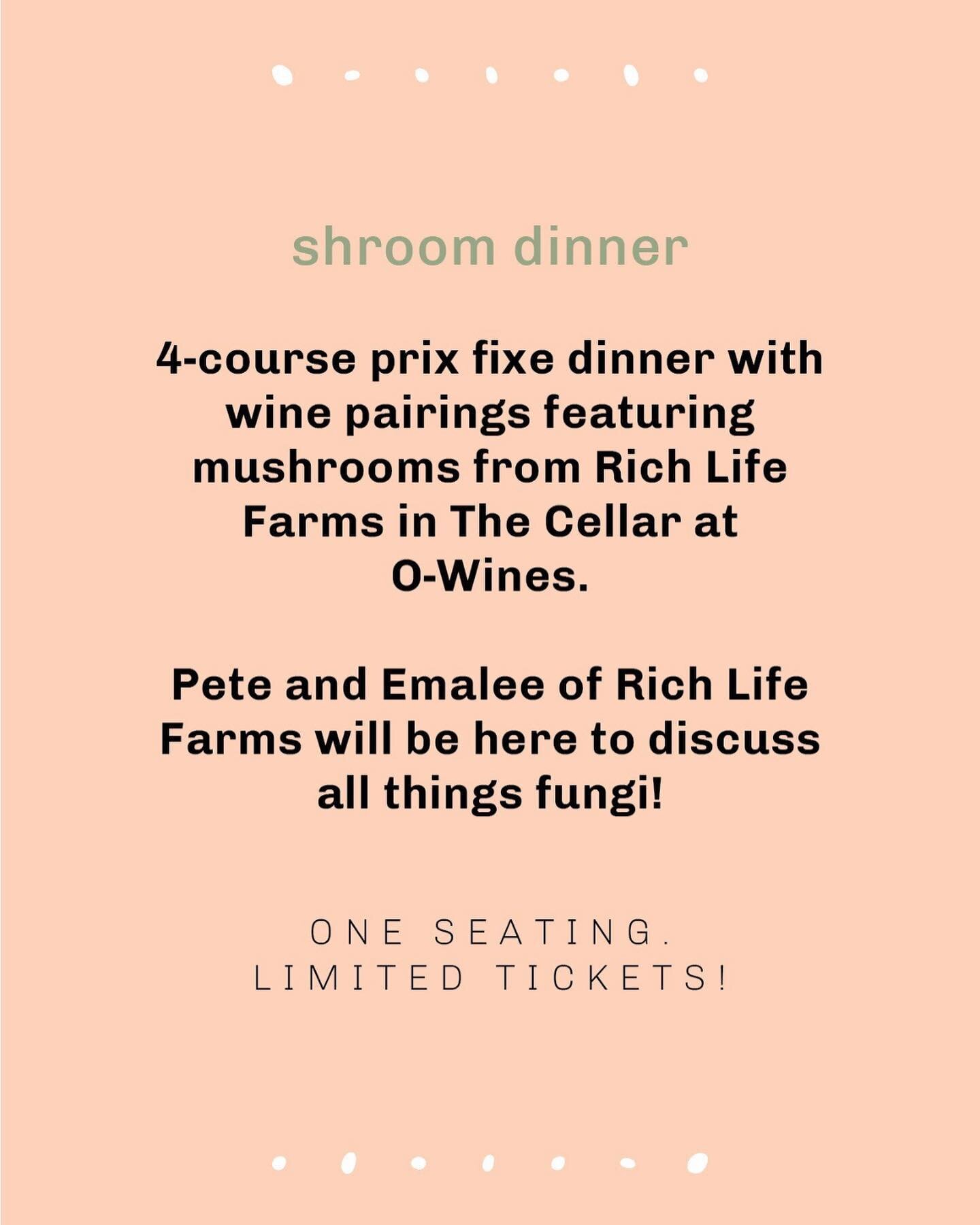 The shroom dinner event of our dreams is finally happening! We have wanted to partner with a chef for a while now to offer a coursed meal that highlights each unique mushroom. We couldn&rsquo;t think of a better partner than @oakleywines for the firs