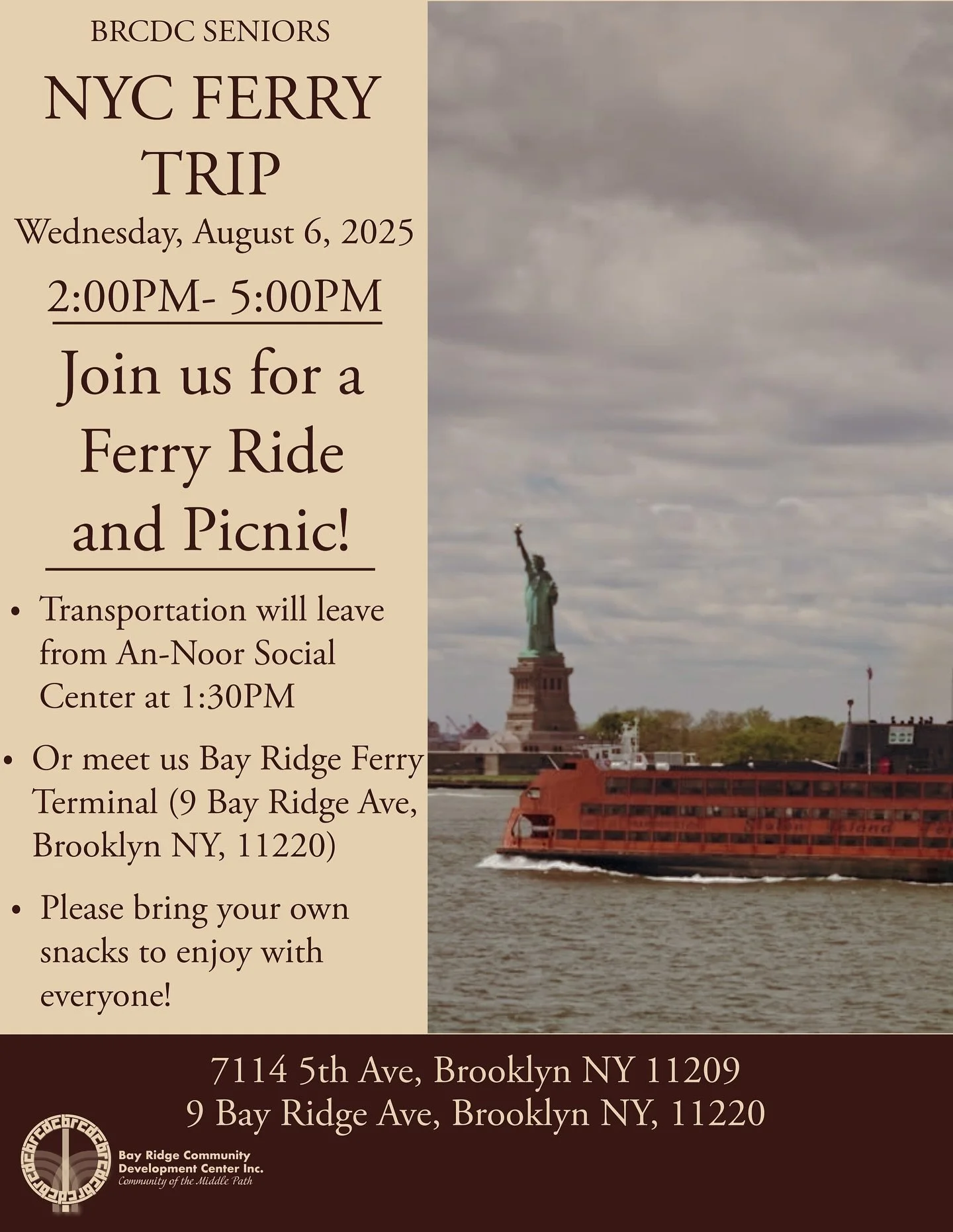 Join us August 6 on a memorable trip going through NYC on the ferry then onto a picnic filled with delicious food and great laughter 😁
Sign UP: https://forms.gle/Ktrk4XUiGUhqyFeR6