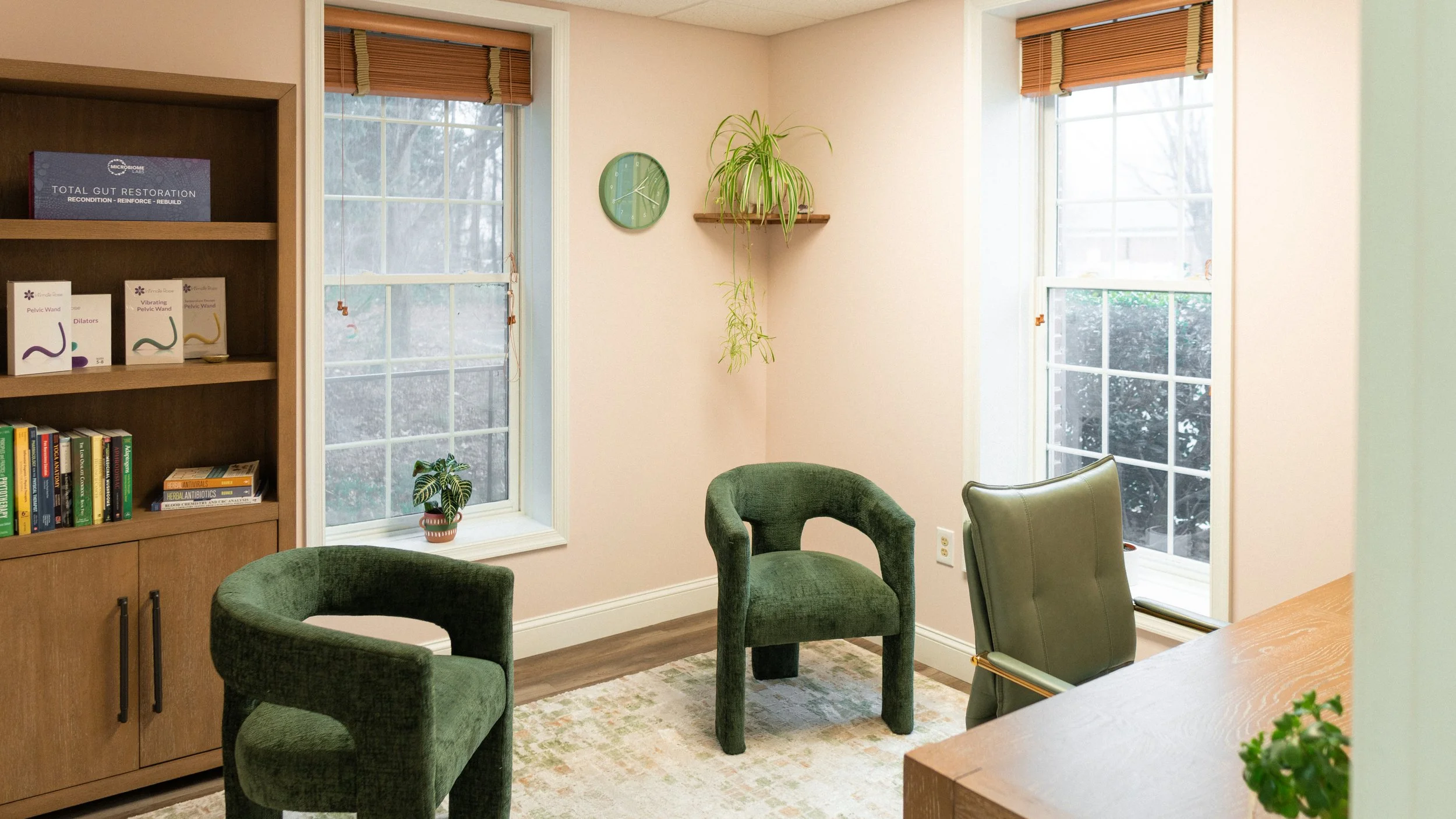 A functional medicine consultation office with two green upholstered chairs, two large windows with blinds, a wooden desk, a bookshelf with medical books, a small potted plant on the windowsill, hanging plants, and a ceiling clock.
