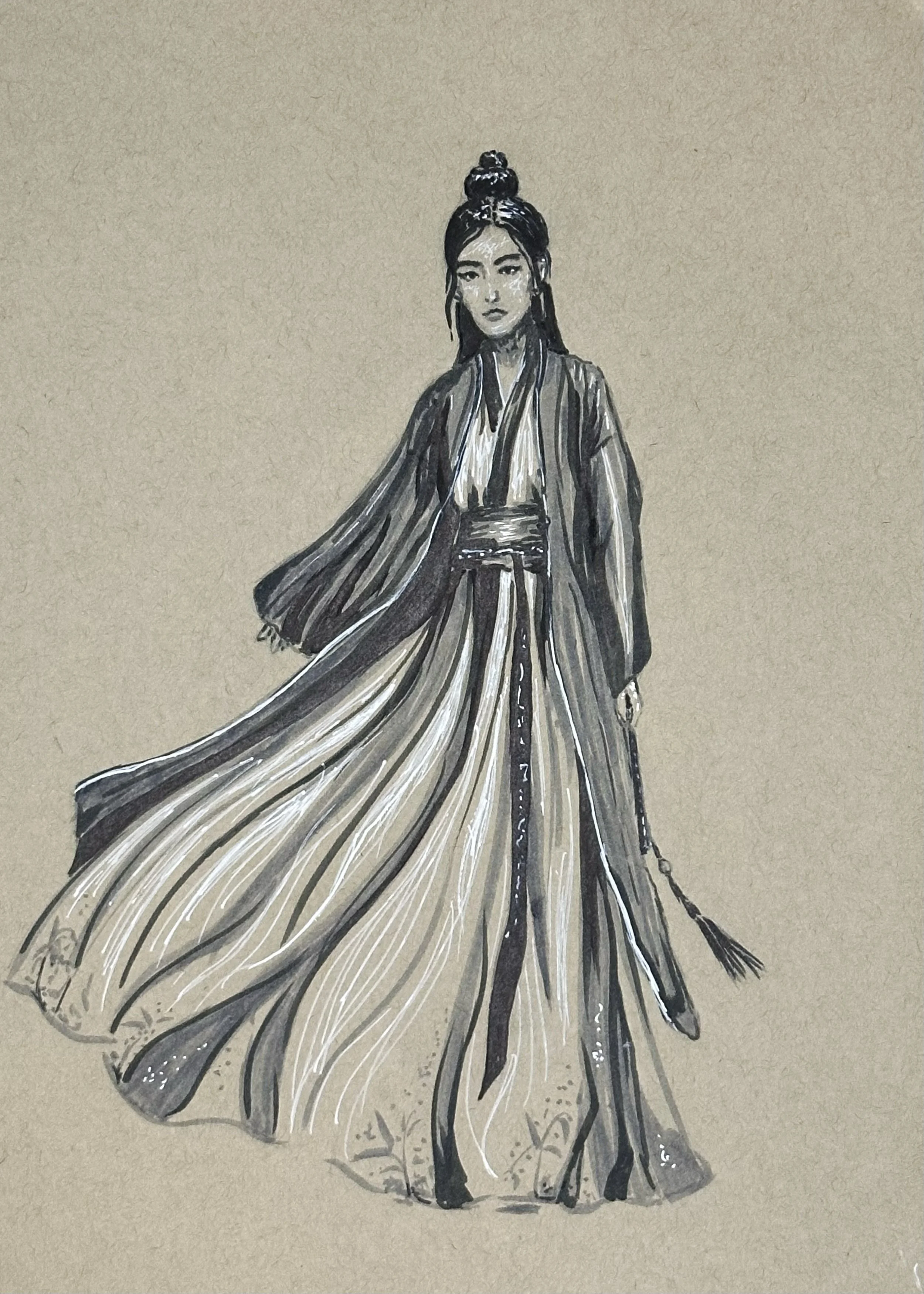 Lady in Chinese Hanfu Brush Pen Drawing