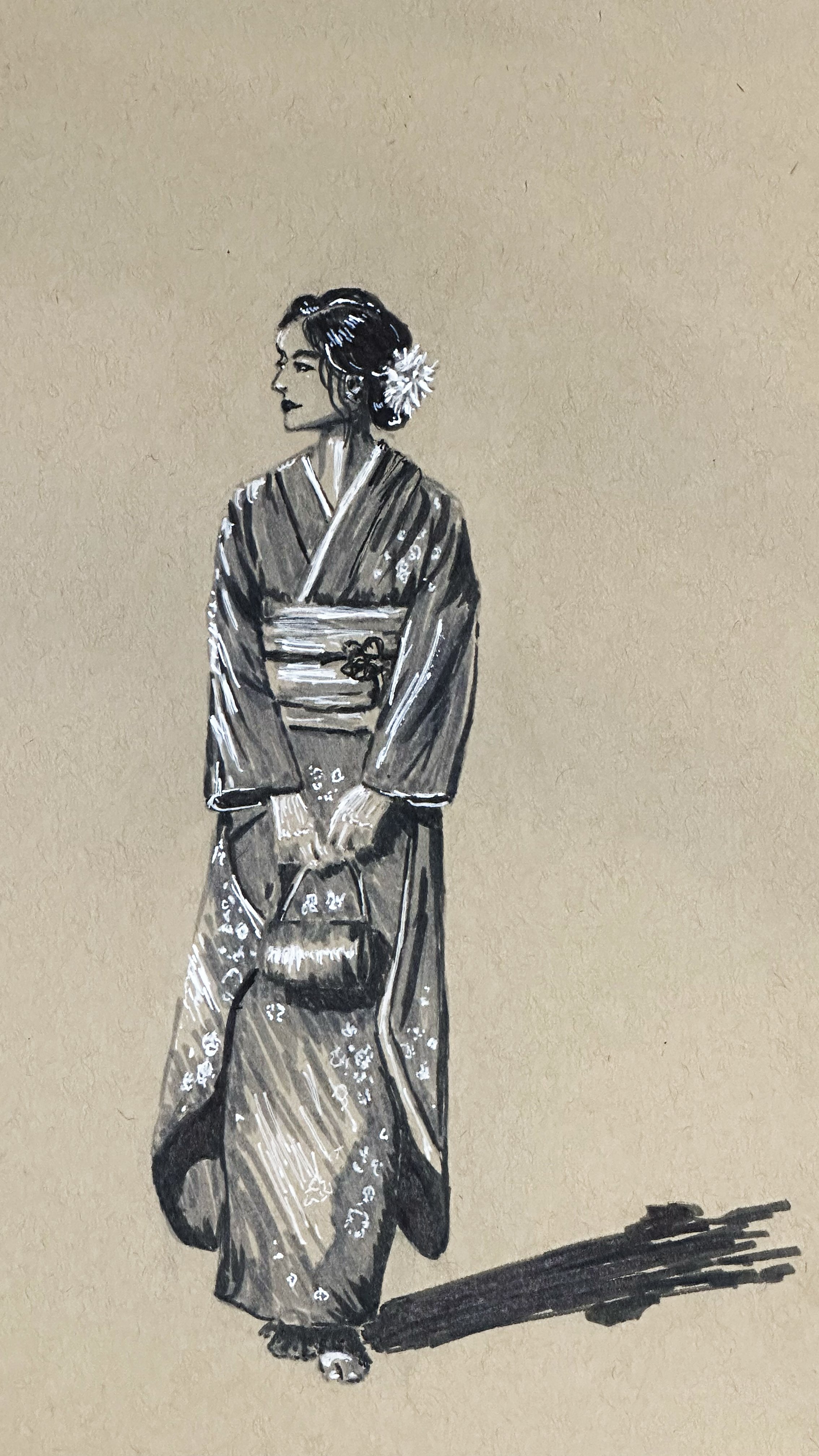 Lady in Japanese Kimono Brush Pen Drawing 
