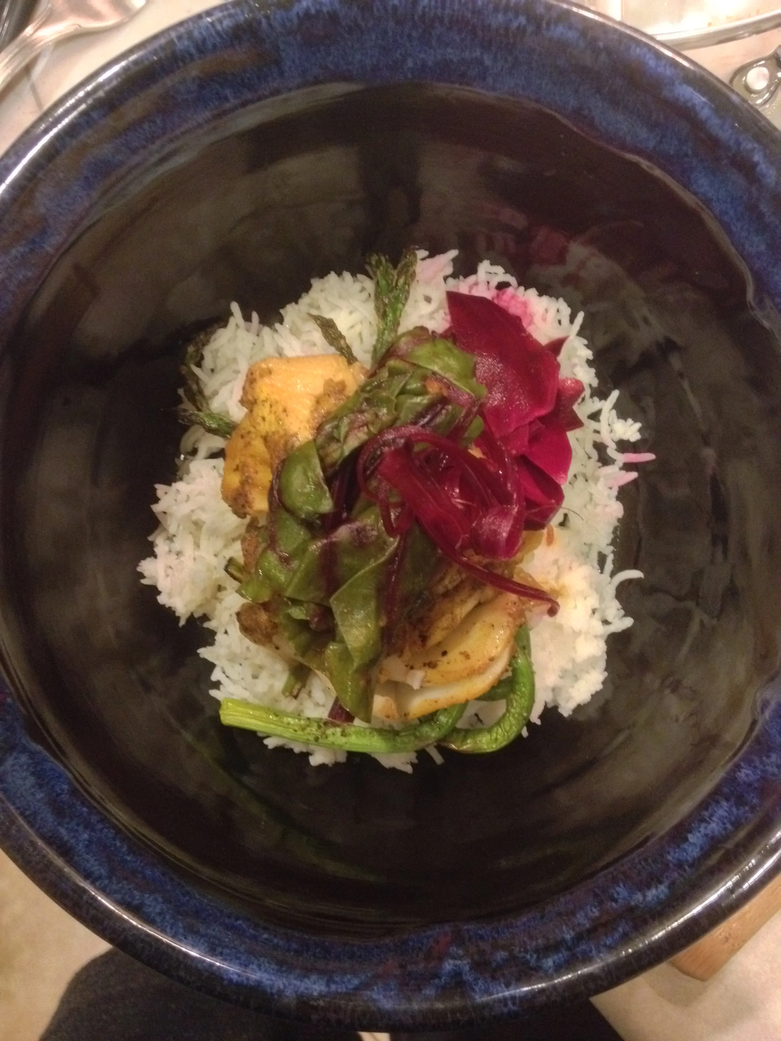 Pickled Greens and Beets on Fish.JPG