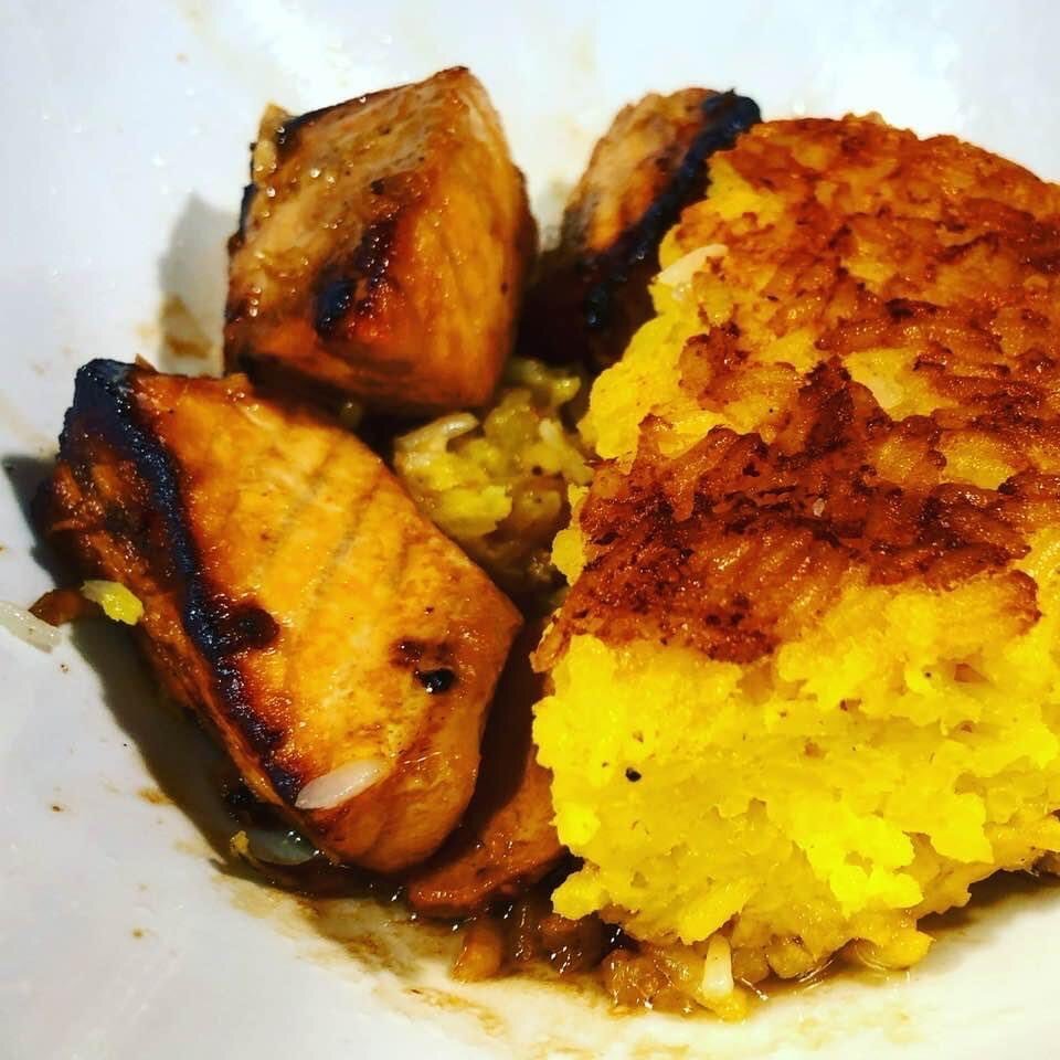 Our broiled #salmon and Persian #tahchin (crunchy layer of egg, yogurt, butter and saffron from the bottom of the rice pot) served with my #saffron #teriyaki sauce is a religious experience! Learn how to make my broiled salmon and Tahchin (in separat