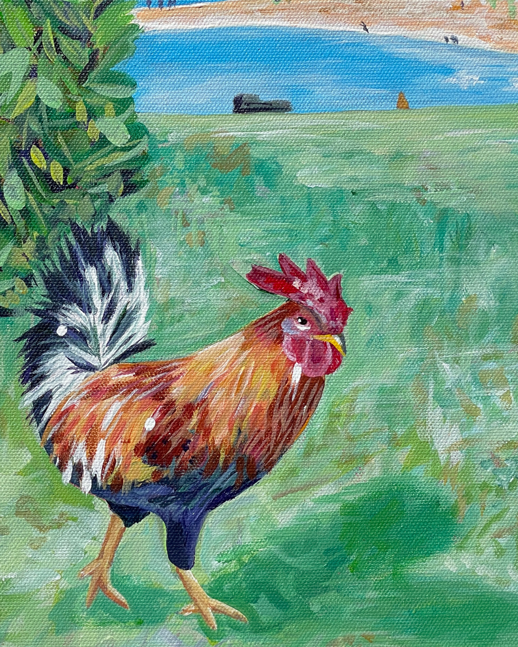 Aloha Chicken, 2026, Acrylic on Canvas, 9" x 12" Framed - $350