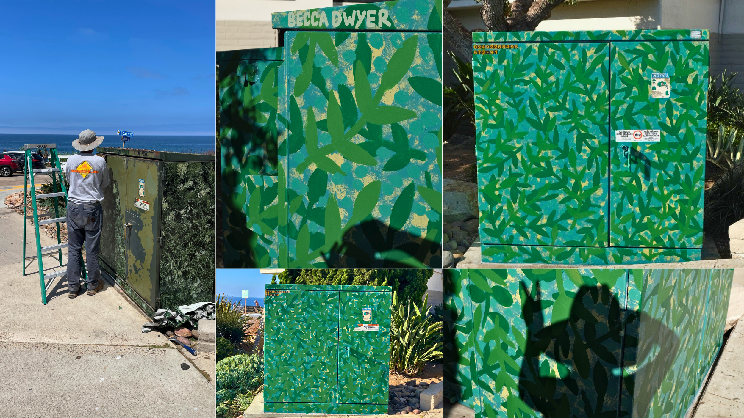 Utility box artwork painted by San Diego artist Becca Dwyer as part of a Southern California public art project.