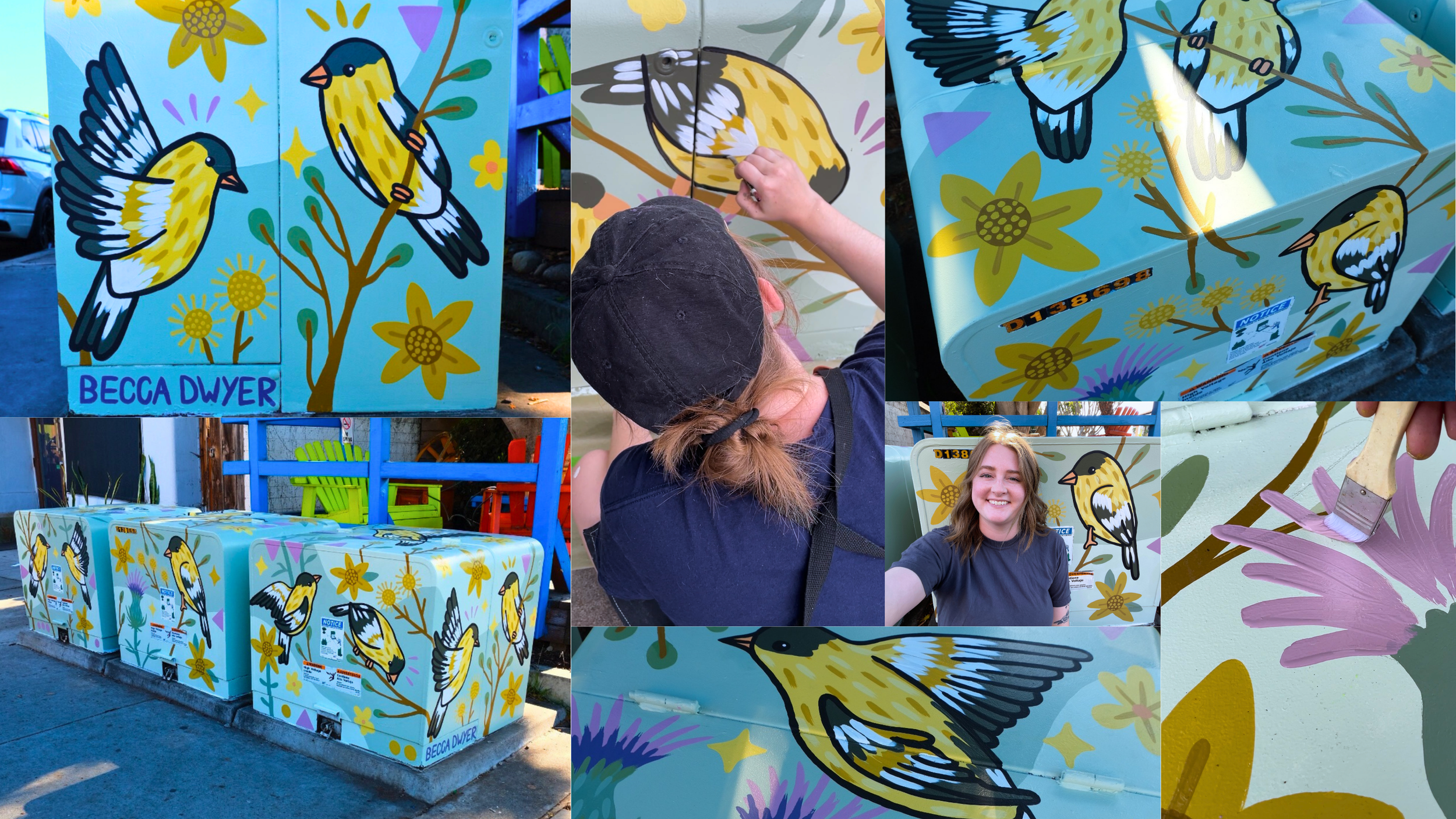 Utility box artwork painted by San Diego artist Becca Dwyer as part of a Southern California public art project.