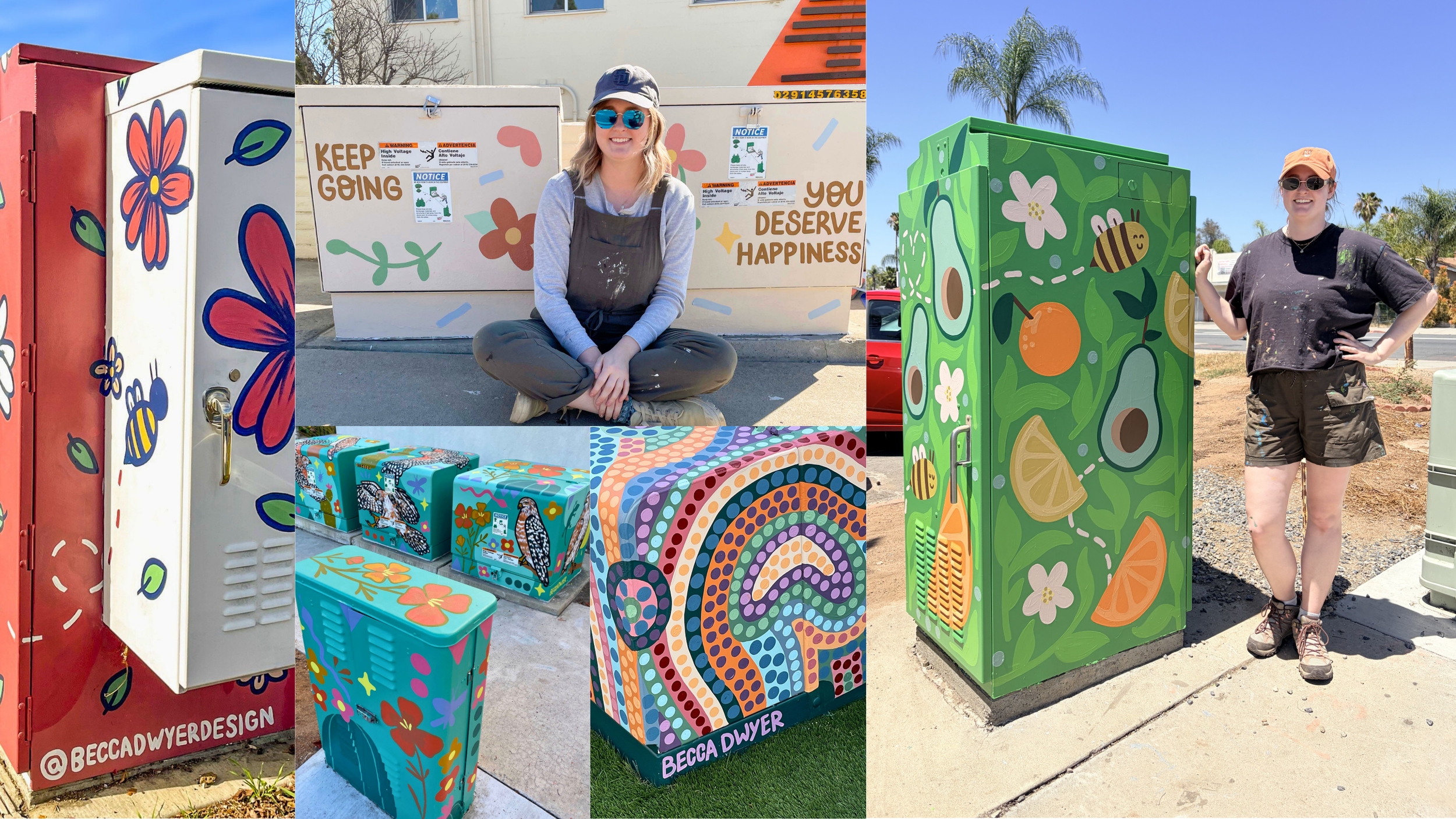Utility box artwork painted by San Diego artist Becca Dwyer as part of a Southern California public art project.
