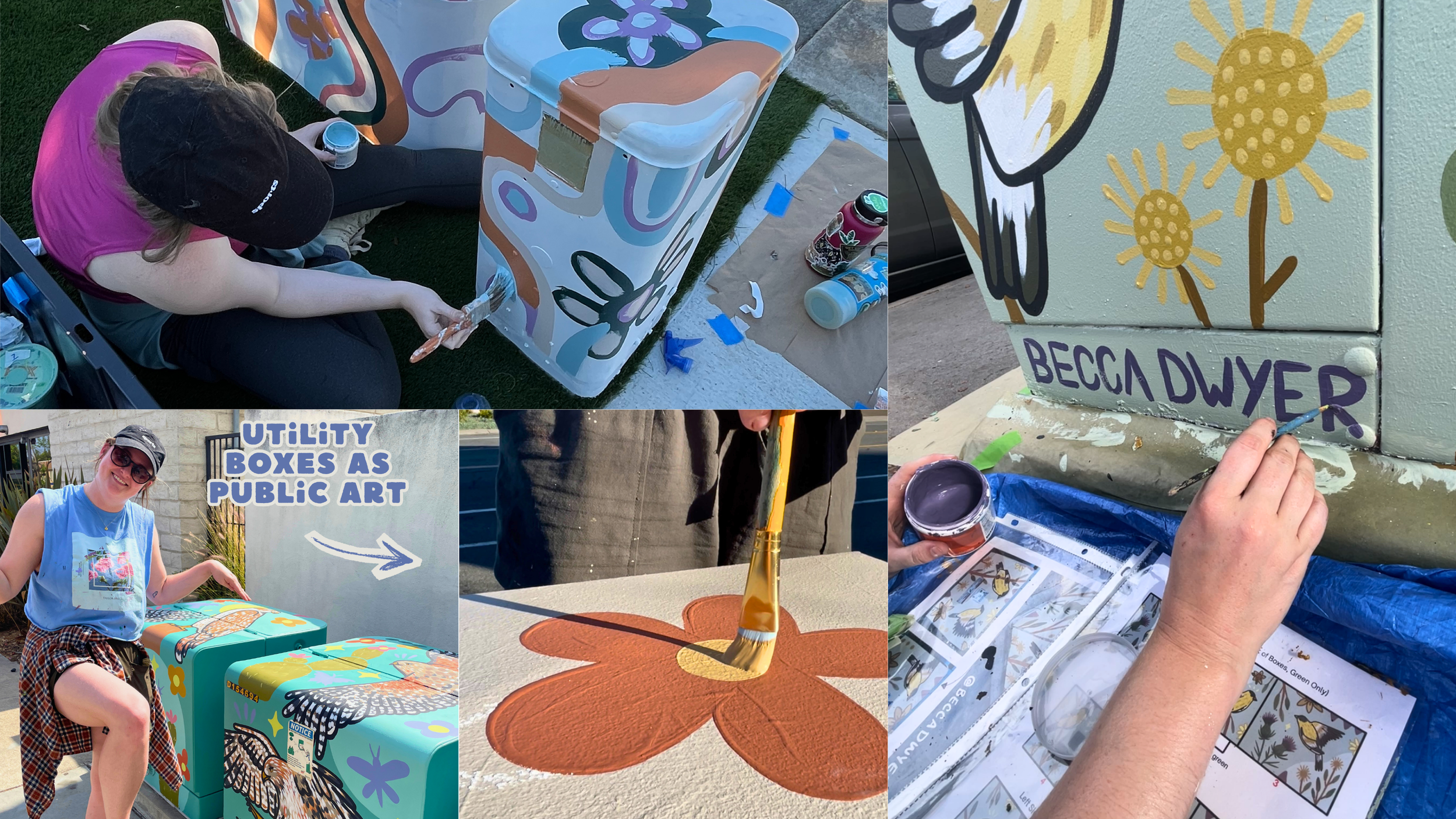 Utility box artwork painted by San Diego artist Becca Dwyer as part of a Southern California public art project.