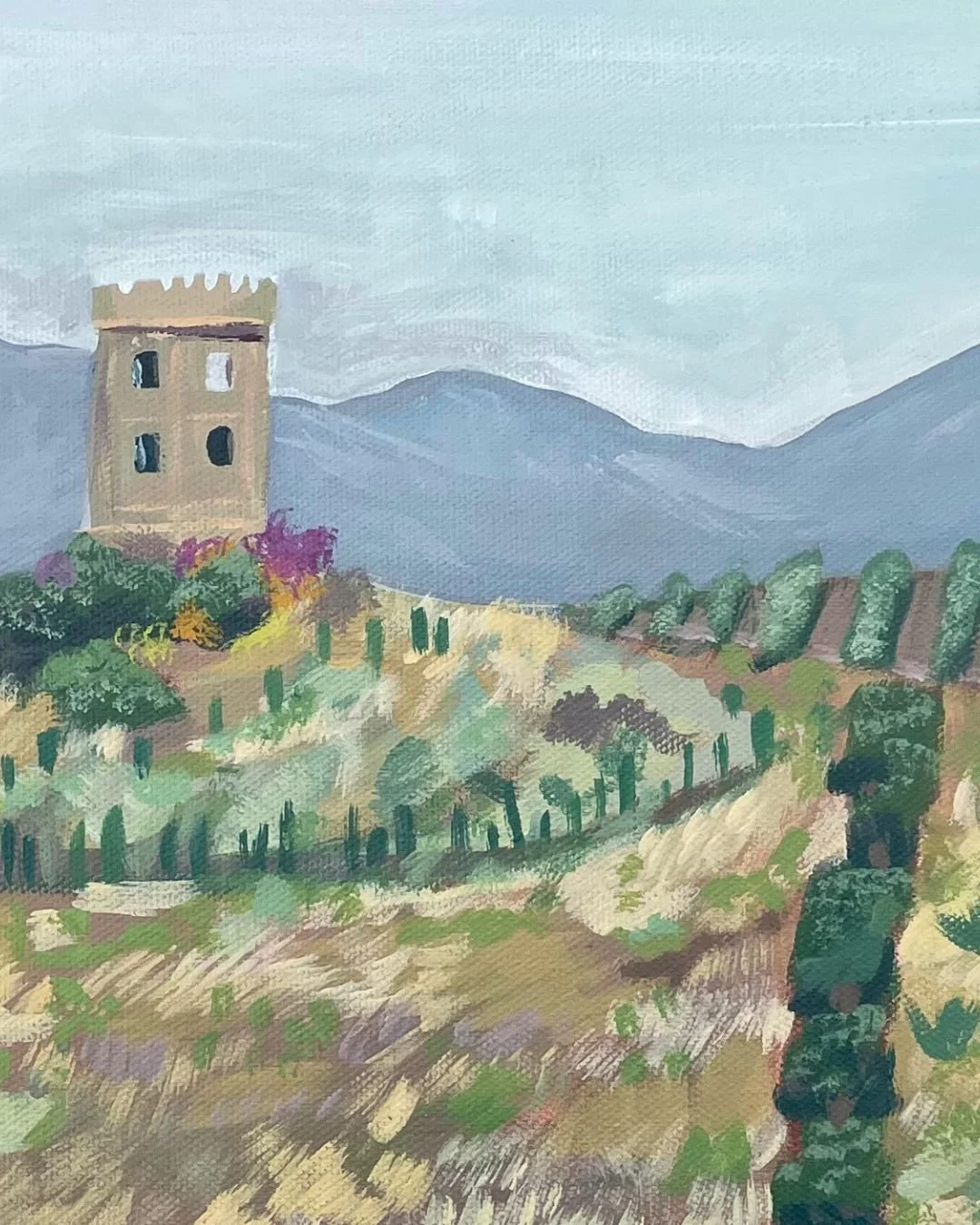 La Finca Castle, 2022, Acrylic on Canvas, 9" x 12" Framed - $325