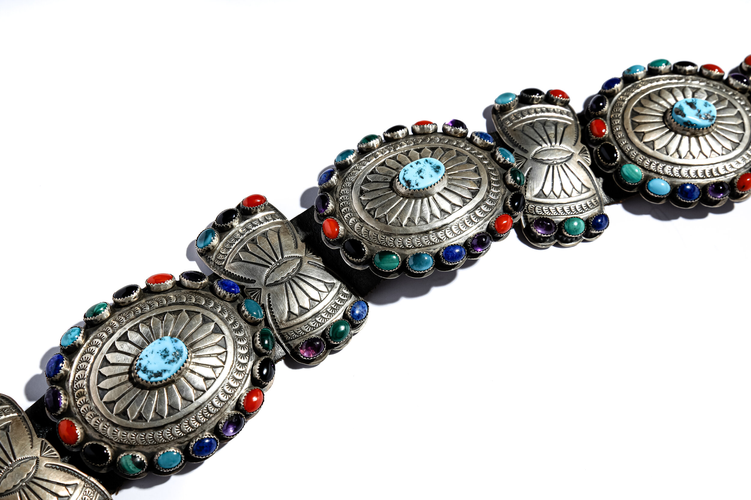 Multi Colored Stone Sterling Silver Concho Belt — Red Shell  display picture 3